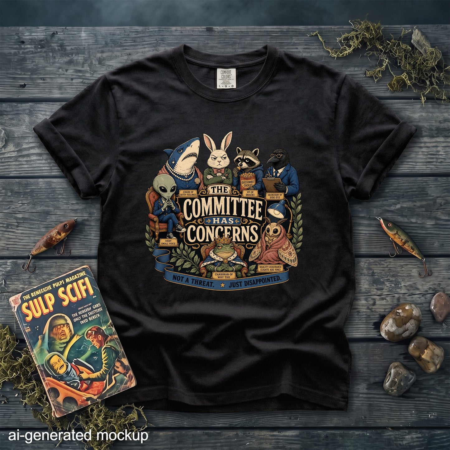 A black t-shirt featuring a graphic with various animals surrounding text that reads The Committee Has Concerns.