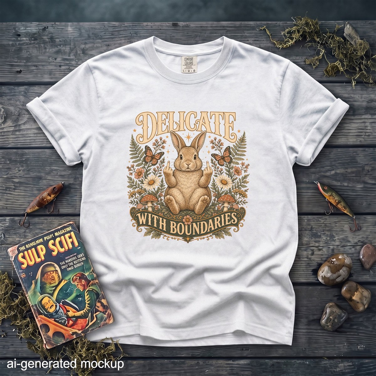 White t-shirt with a graphic of a rabbit giving the middle finger, text "DELICATE WITH BOUNDARIES".