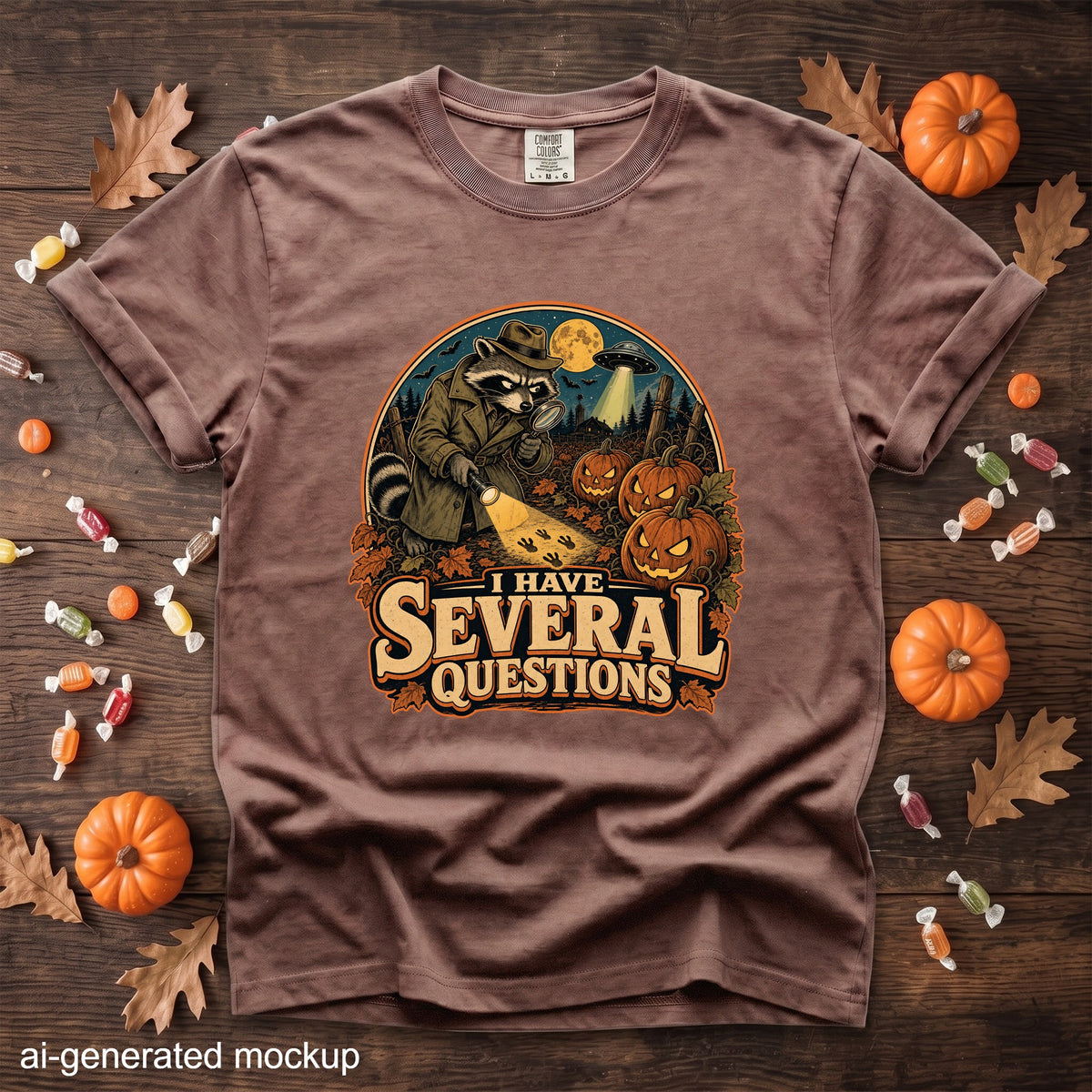 Brown t-shirt with raccoon detective graphic and text "I HAVE SEVERAL QUESTIONS".