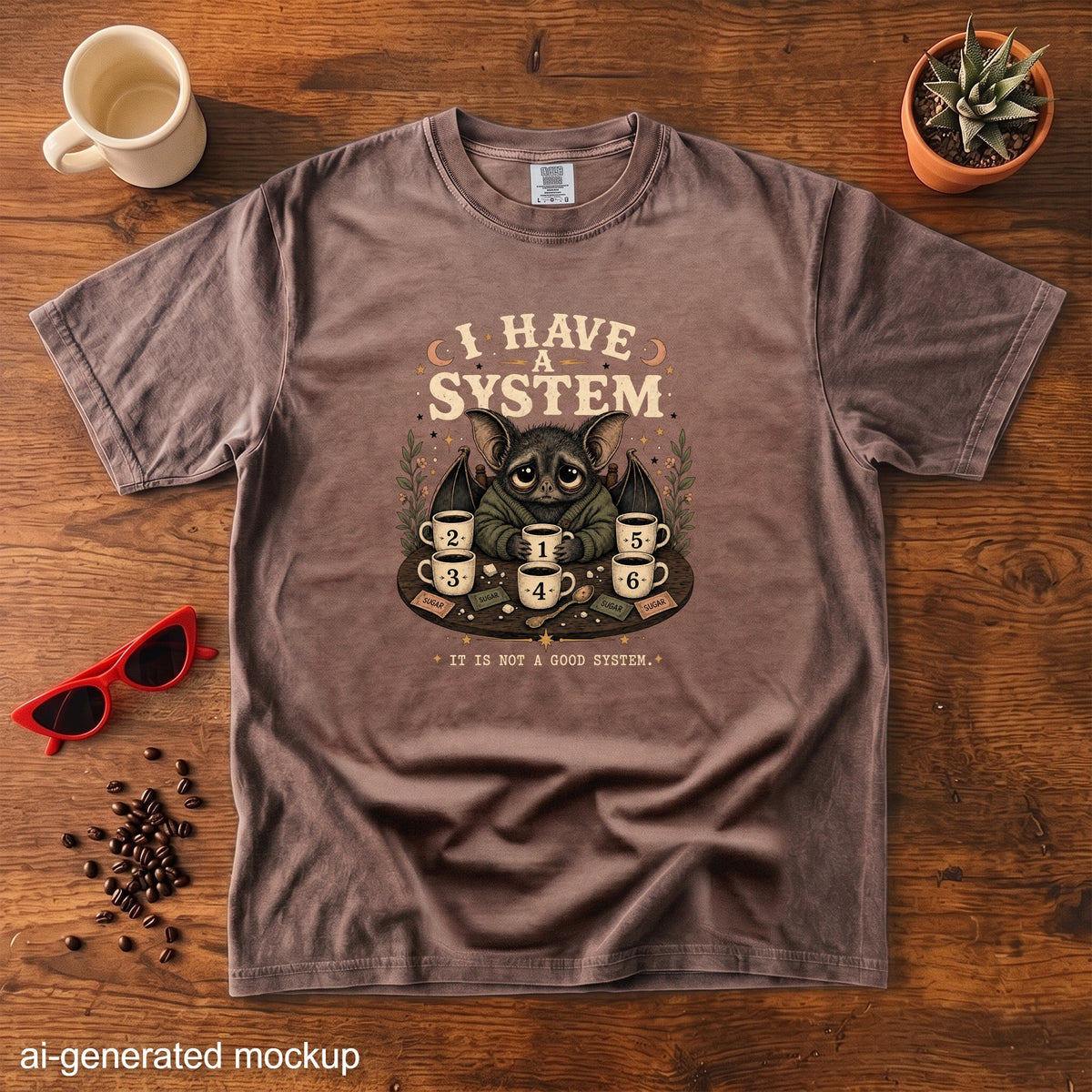 T-shirt with a bat holding coffee cups and the text "I HAVE A SYSTEM IT IS NOT A GOOD SYSTEM."