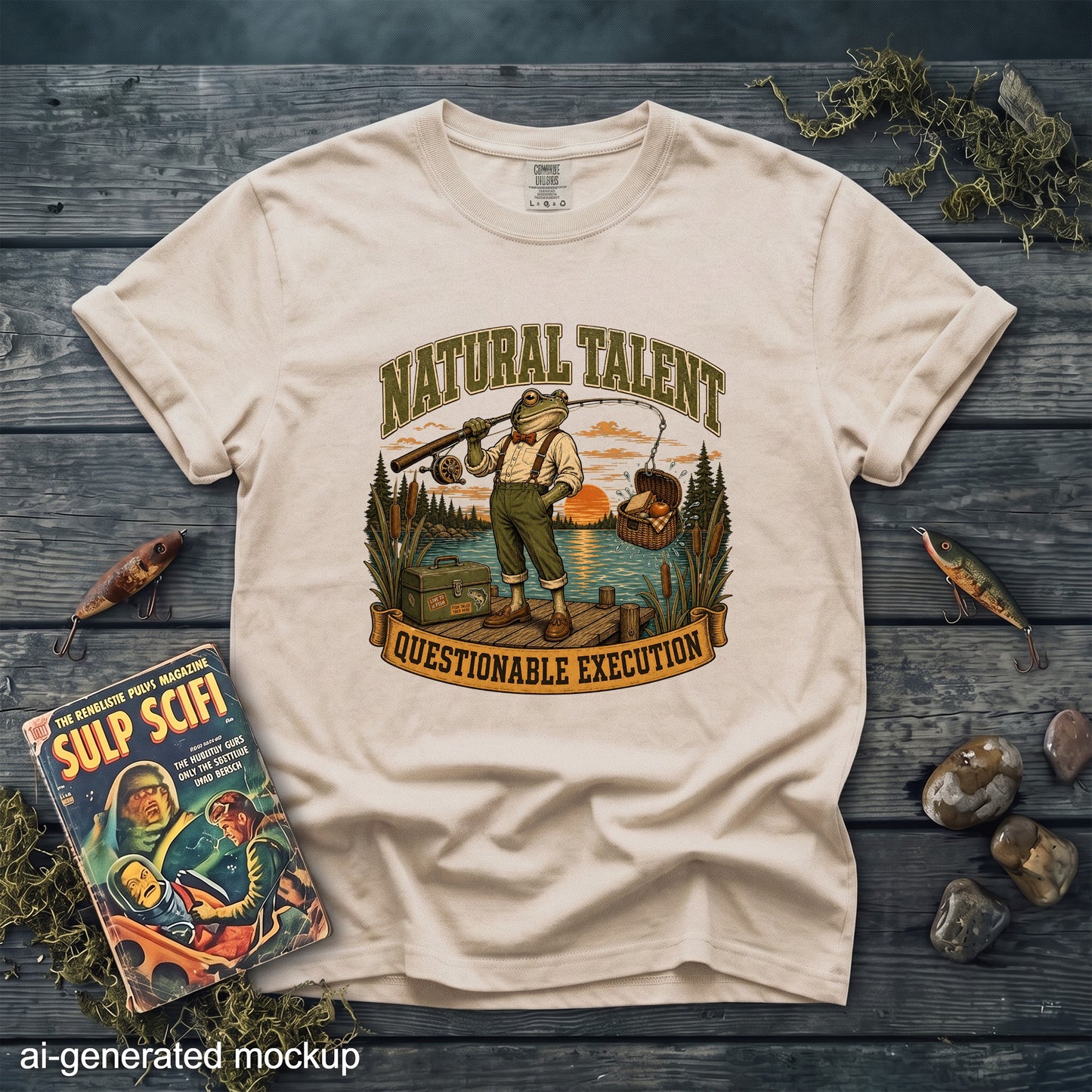 T-shirt graphic of anthropomorphic frog with fishing pole, text "NATURAL TALENT QUESTIONABLE EXECUTION".