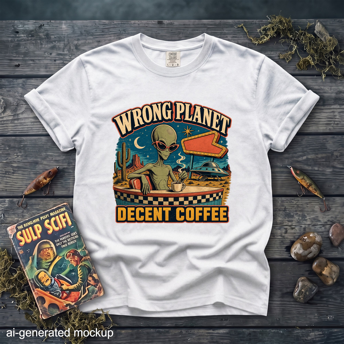 White t-shirt with graphic "Wrong Planet Decent Coffee" featuring an alien drinking coffee.