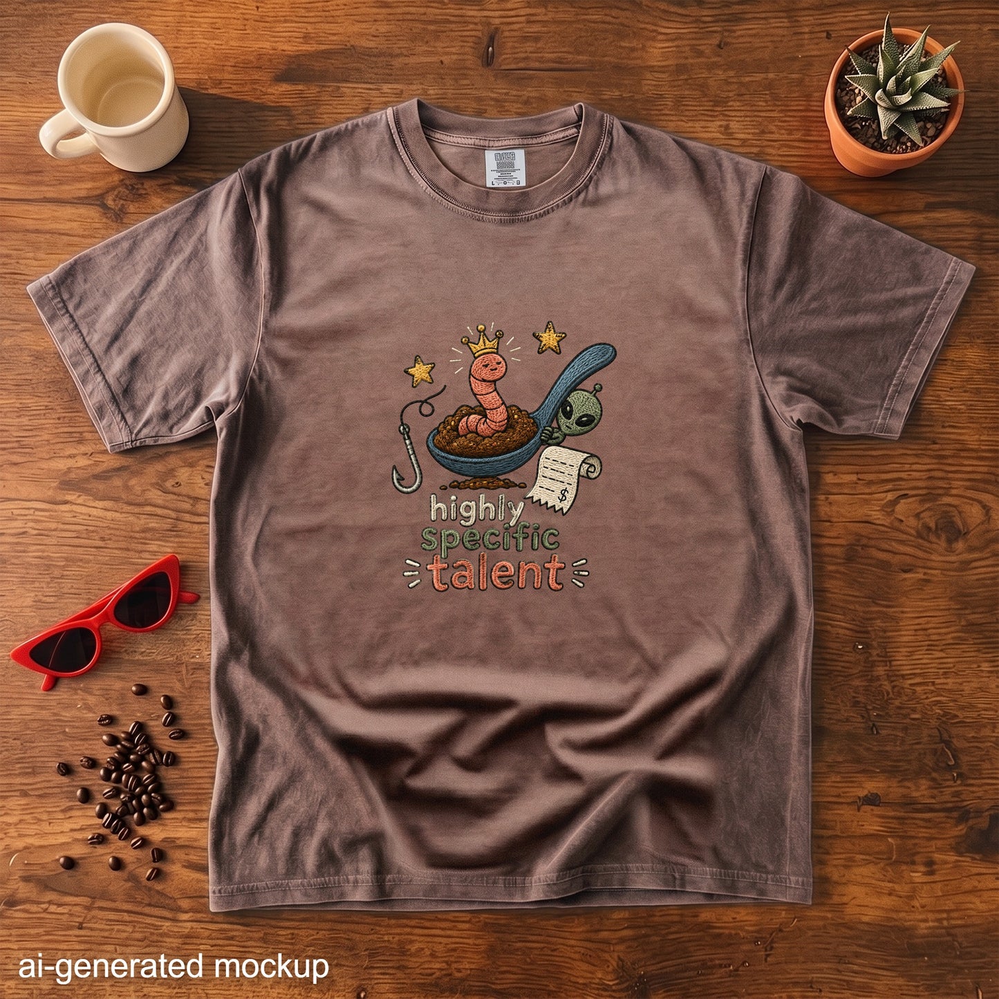 Brown t-shirt with a spoon graphic featuring a worm, alien, and text "highly specific talent".