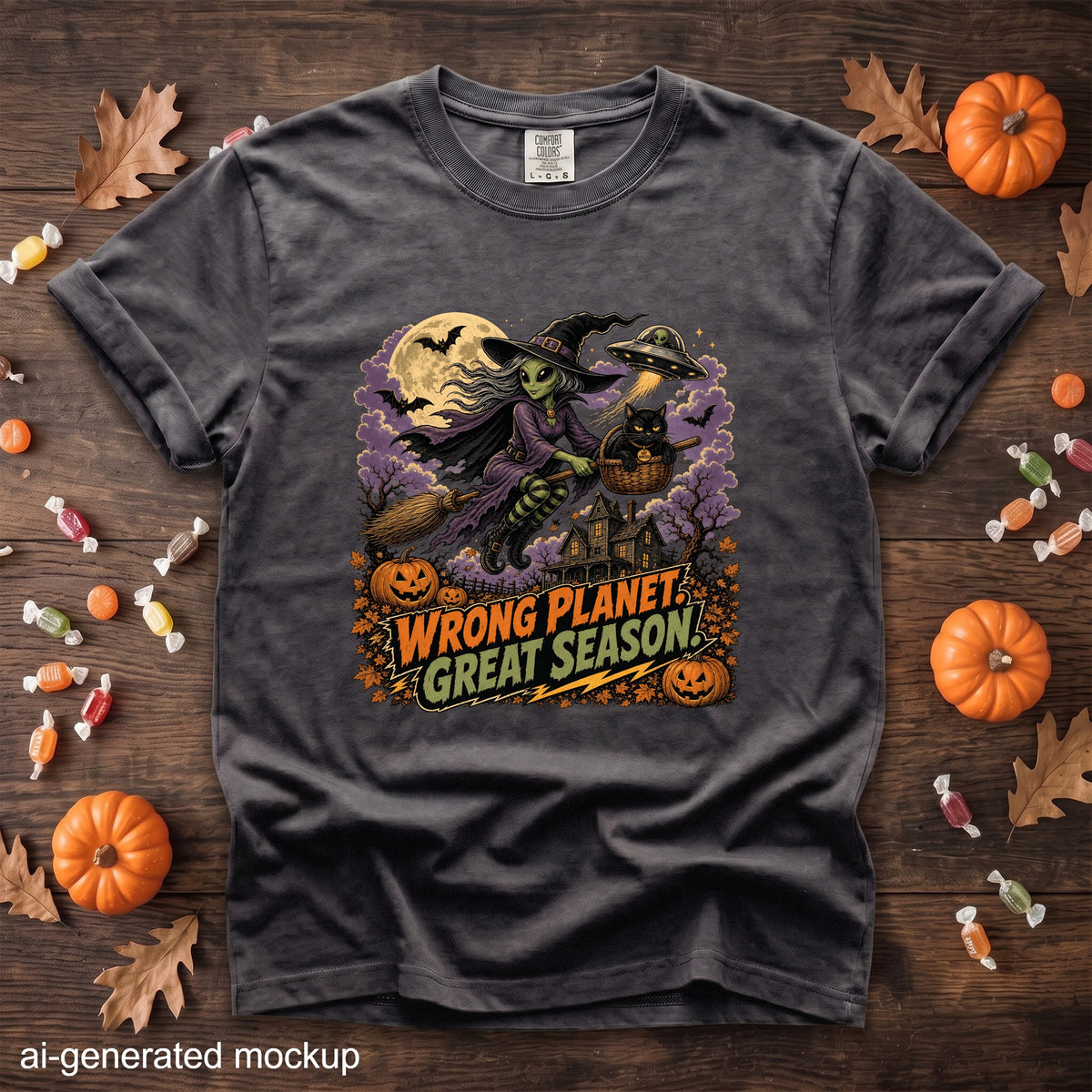Gray t-shirt with a witch, alien, and black cat graphic with text "Wrong Planet, Great Season!"