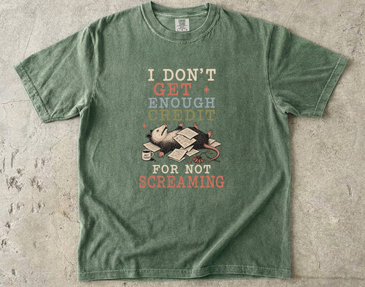 Green t-shirt with opossum and text "I DON'T GET ENOUGH CREDIT FOR NOT SCREAMING".