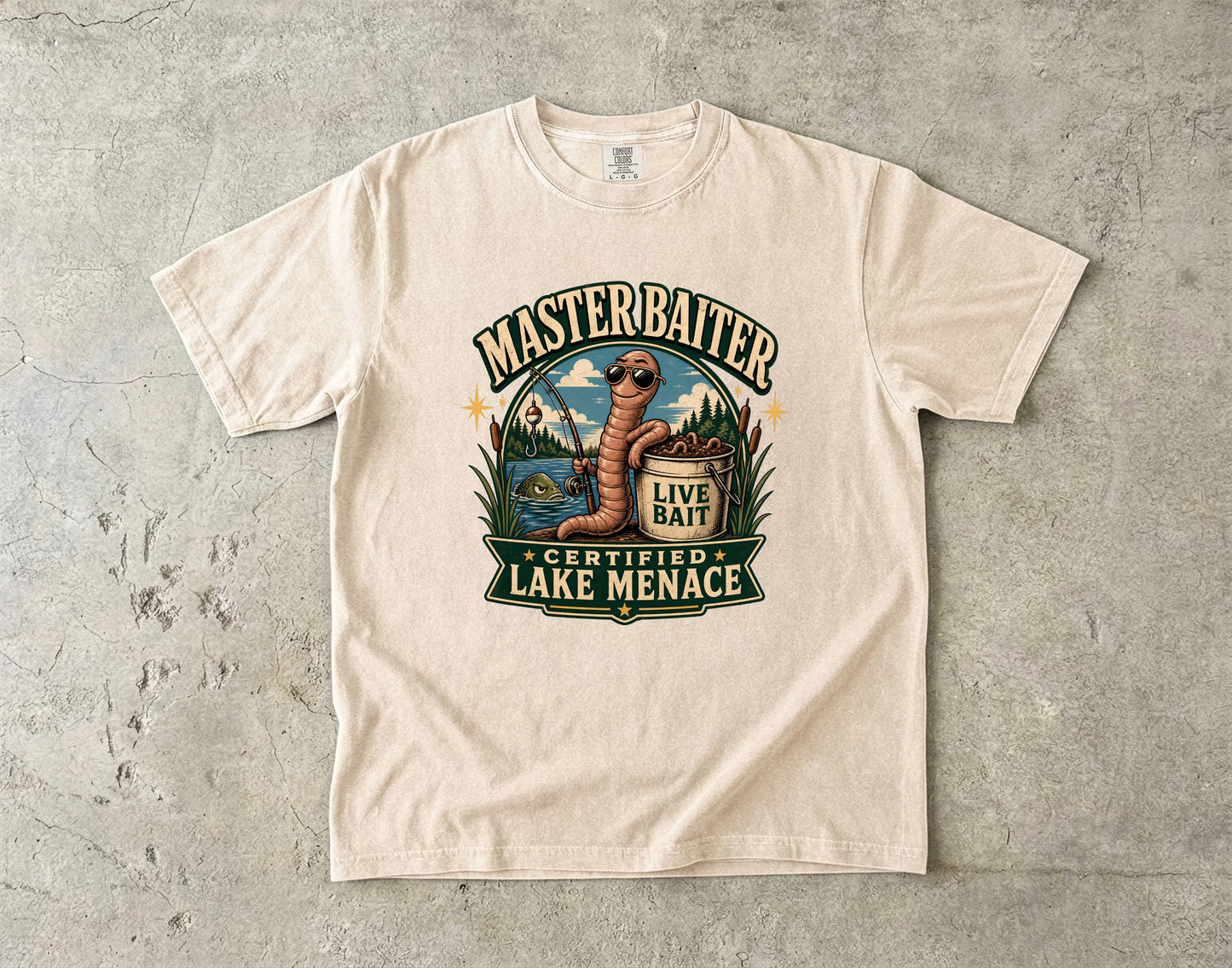 T-shirt with a cartoon worm, fishing rod, and text: MASTERBAITER, LIVE BAIT, CERTIFIED LAKE MENACE.