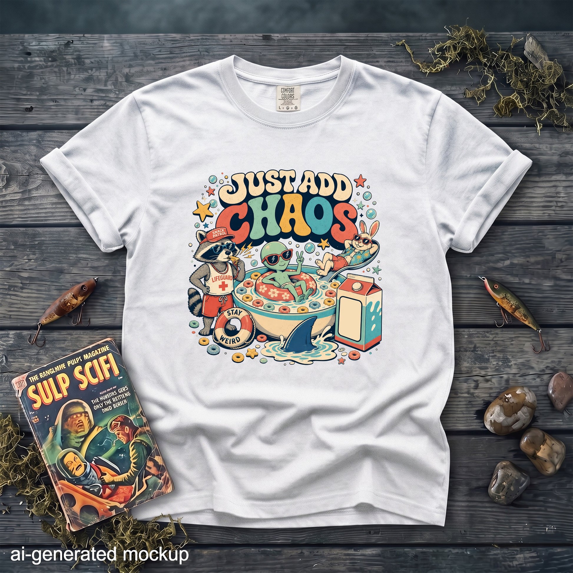A white t-shirt featuring a colorful retro graphic with the text Just Add Chaos, a raccoon lifeguard, an alien in cereal, a rabbit, and a shark.