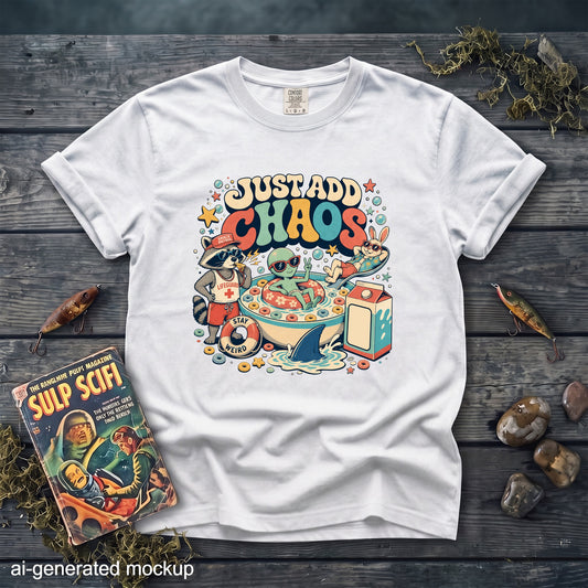 A white t-shirt featuring a colorful retro graphic with the text Just Add Chaos, a raccoon lifeguard, an alien in cereal, a rabbit, and a shark.