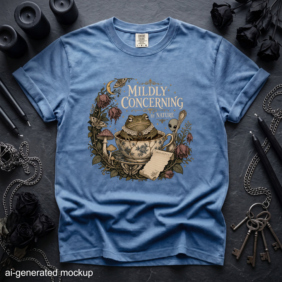 Blue t-shirt with a "Mildly Concerning By Nature" graphic featuring a frog in a teacup.