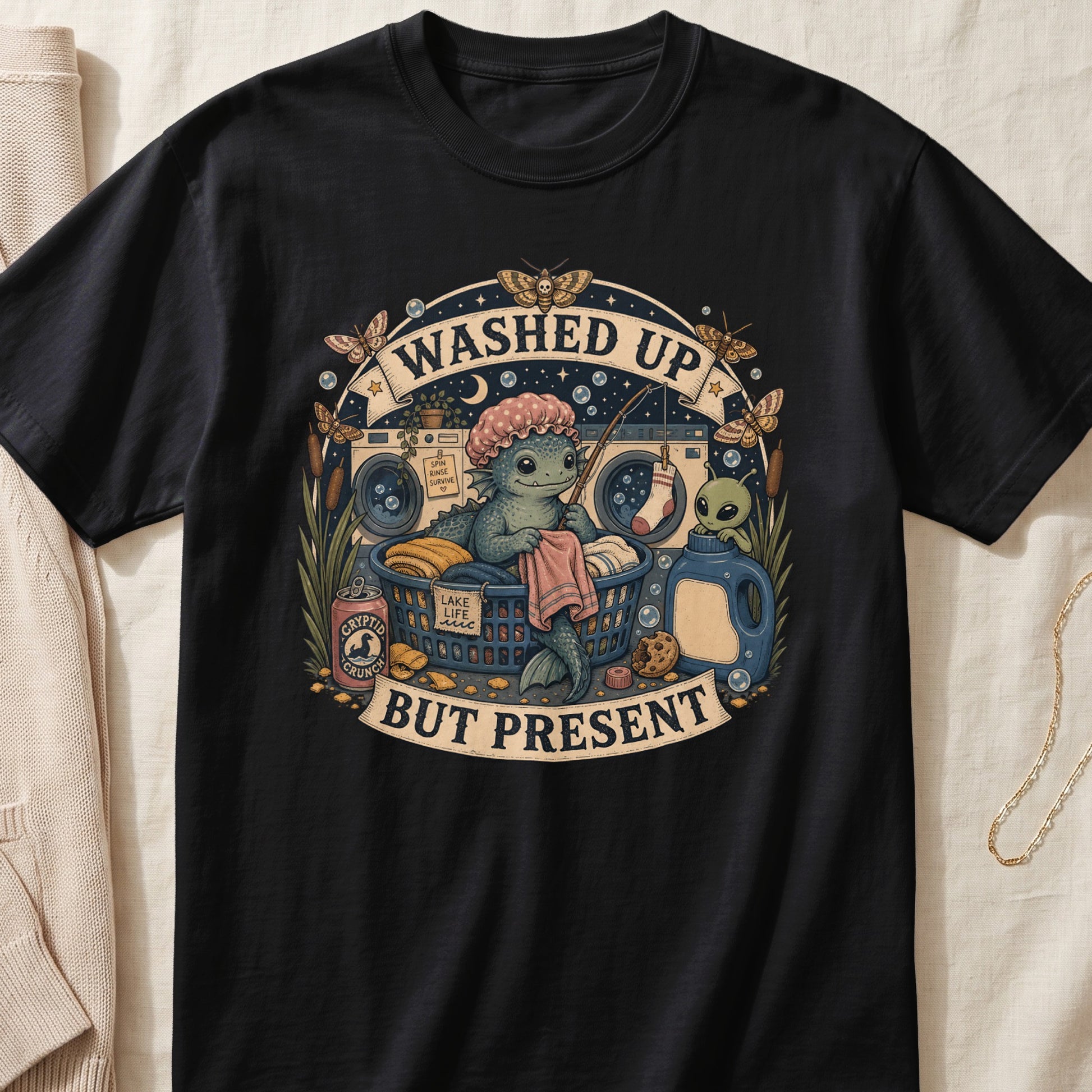 Black t-shirt with "Washed Up But Present" text and swamp creature laundry scene.