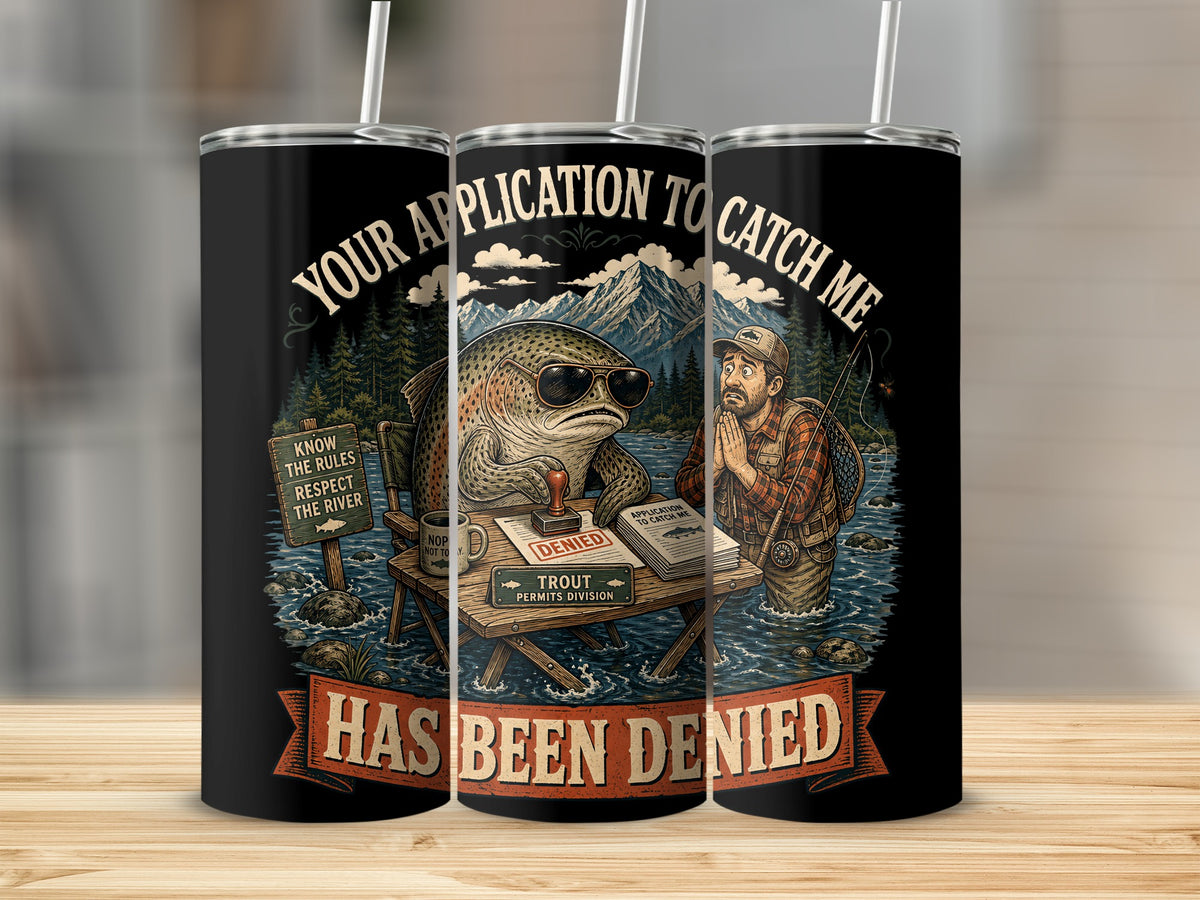 Illustration of a trout denying a fisherman's application to catch him.