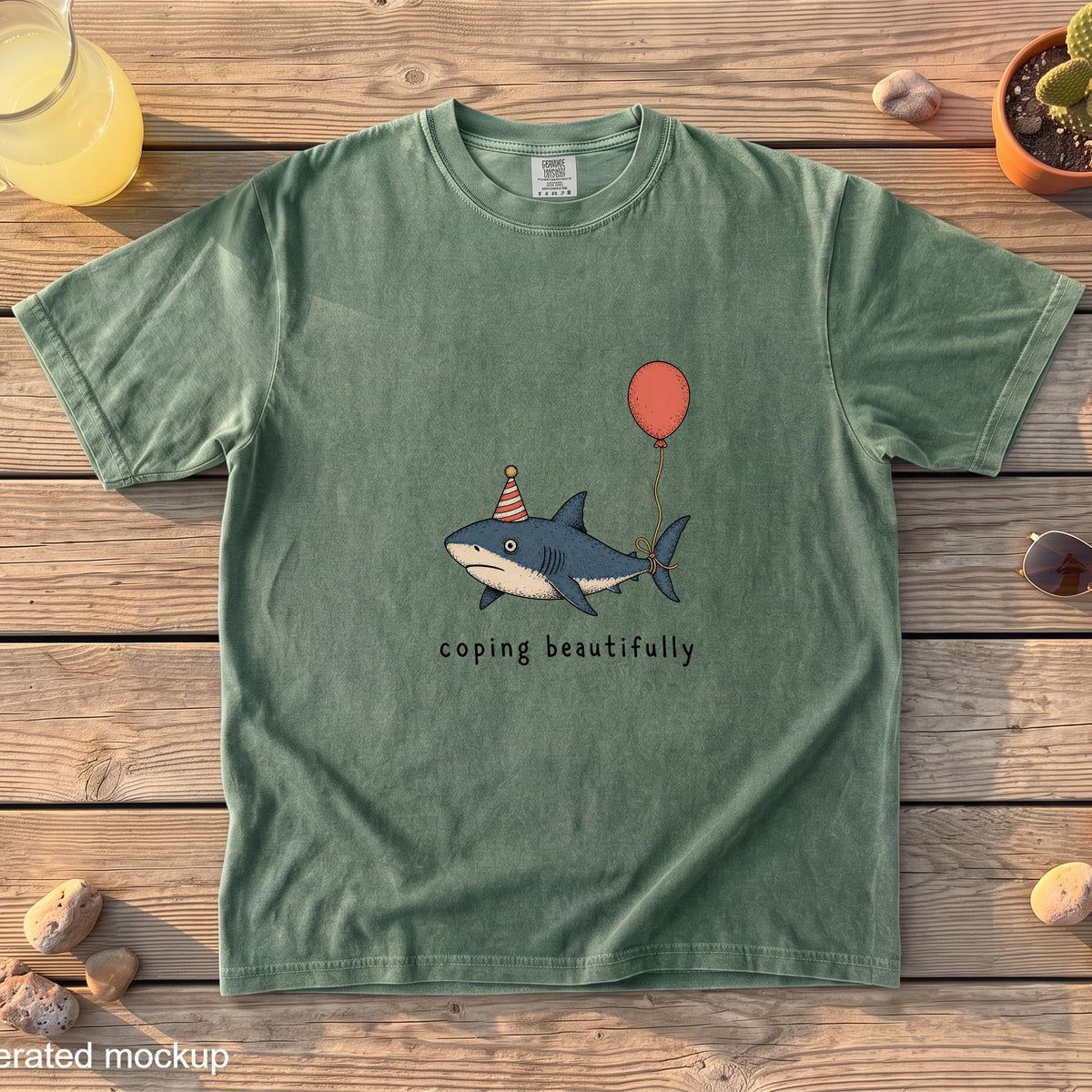 Green t-shirt with a shark wearing a party hat and holding a balloon, text says "coping beautifully."