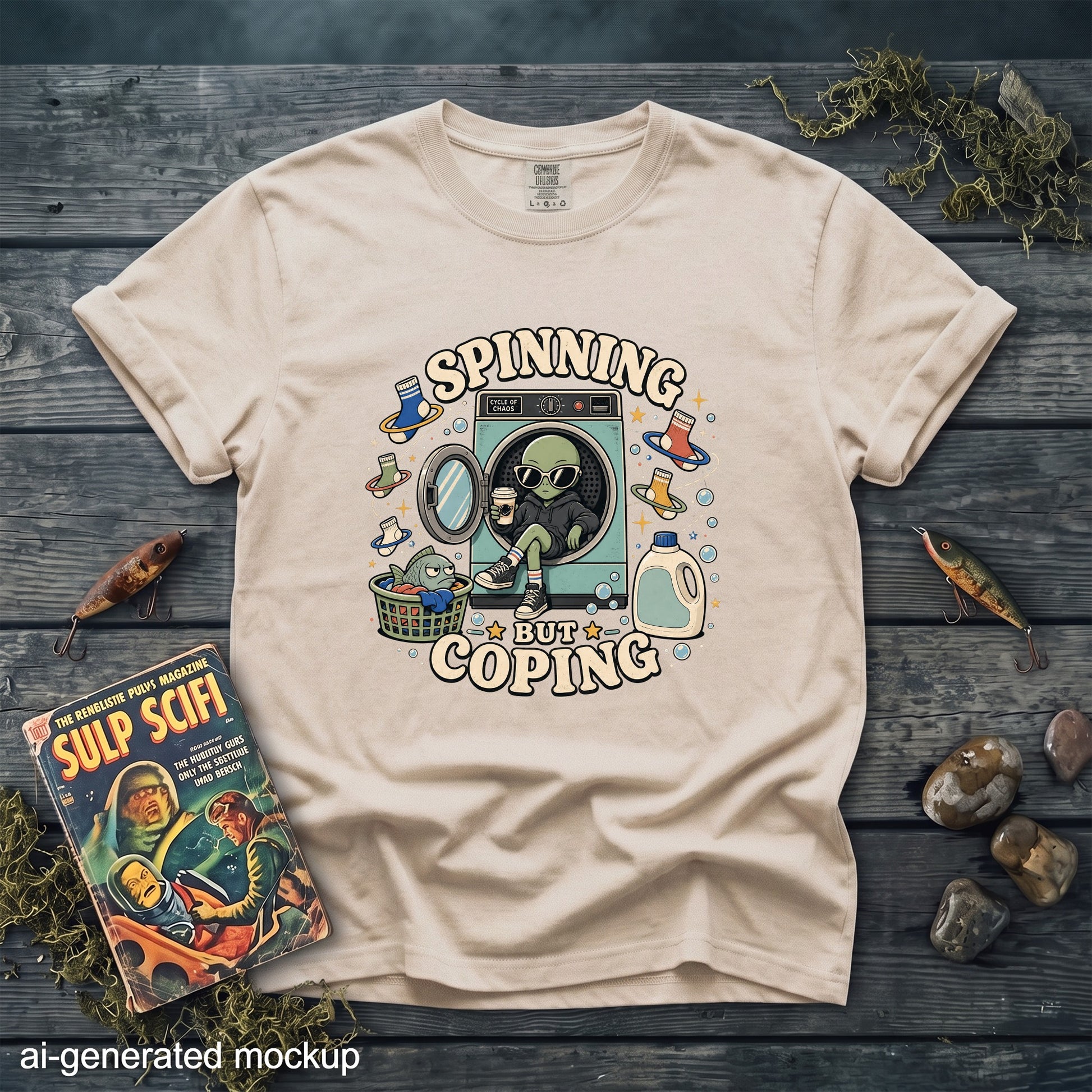 Beige t-shirt with "Spinning But Coping" graphic featuring an alien and washing machine.