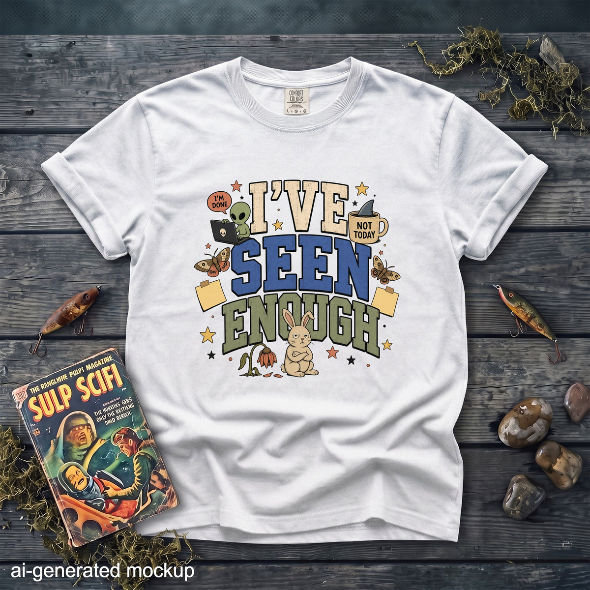 White t-shirt with "I've Seen Enough" graphic featuring an alien, bunny, and coffee cup.