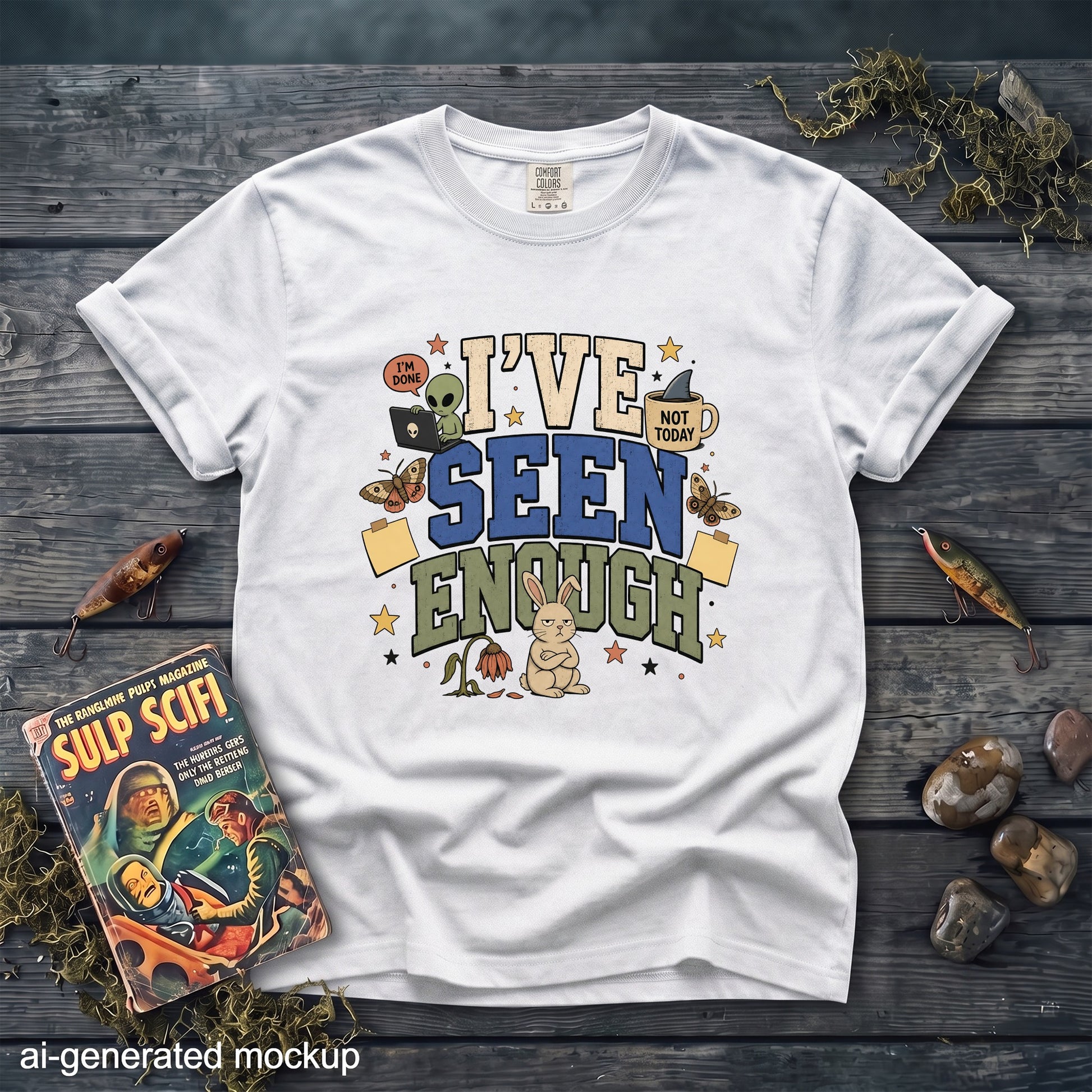 White t-shirt with "I've Seen Enough" graphic featuring an alien, bunny, and coffee cup.