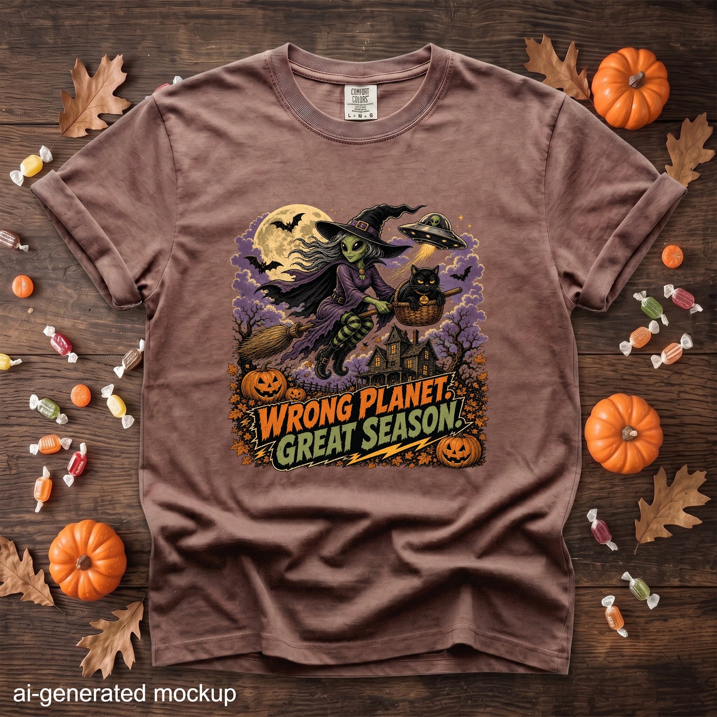 Brown t-shirt with Halloween alien witch design, pumpkins, and text "Wrong Planet Great Season".