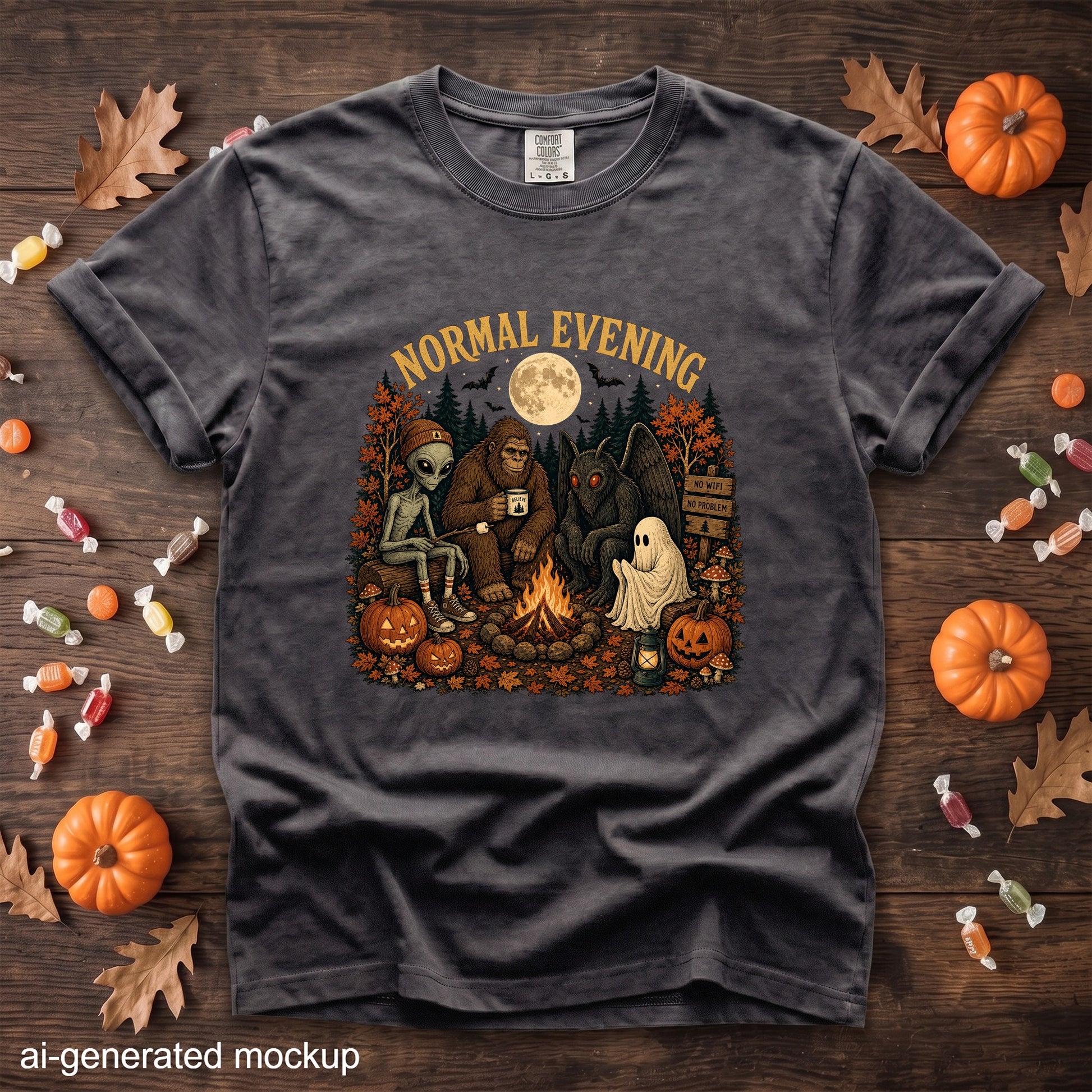 T-shirt graphic of Bigfoot, alien, mothman, and ghost around a campfire, "Normal Evening" text.