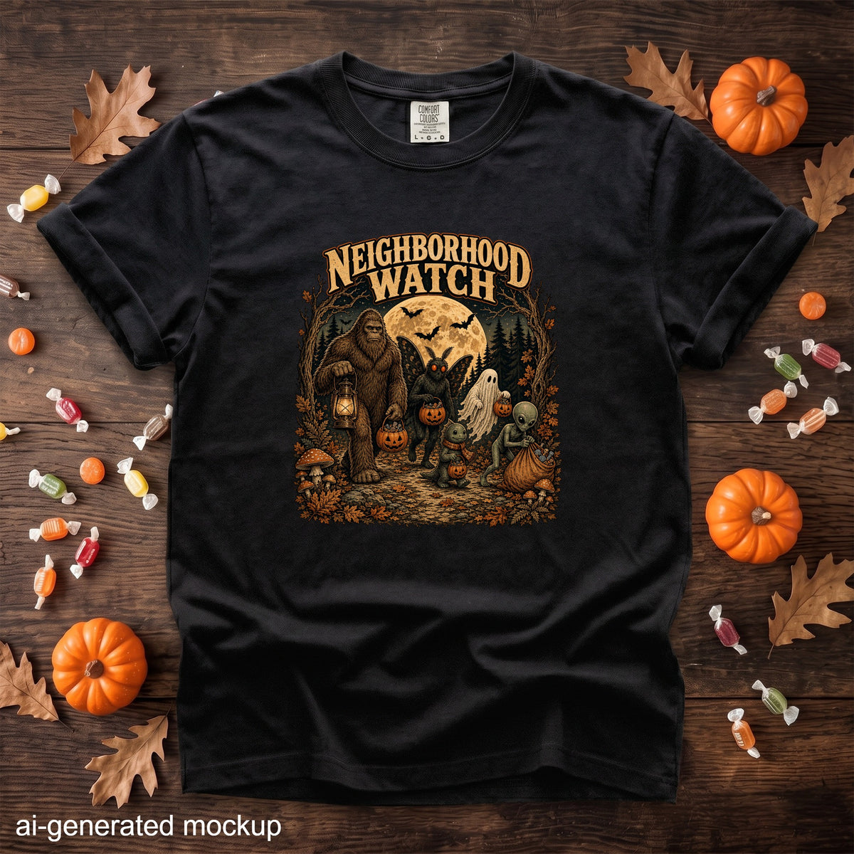 Black t-shirt with "Neighborhood Watch" text and Halloween creatures in a forest scene.
