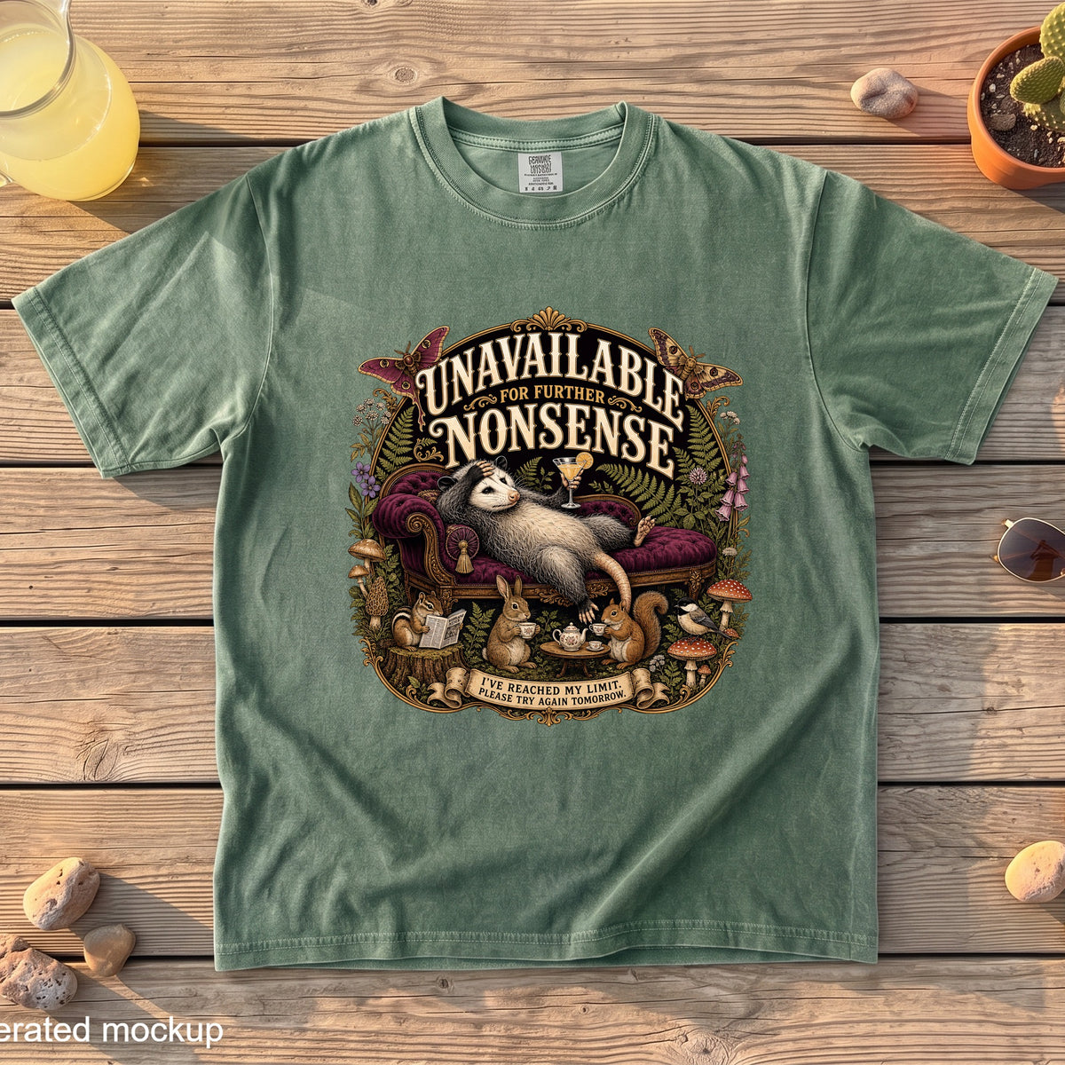 Green t-shirt with opossum on couch, text "Unavailable for Further Nonsense."