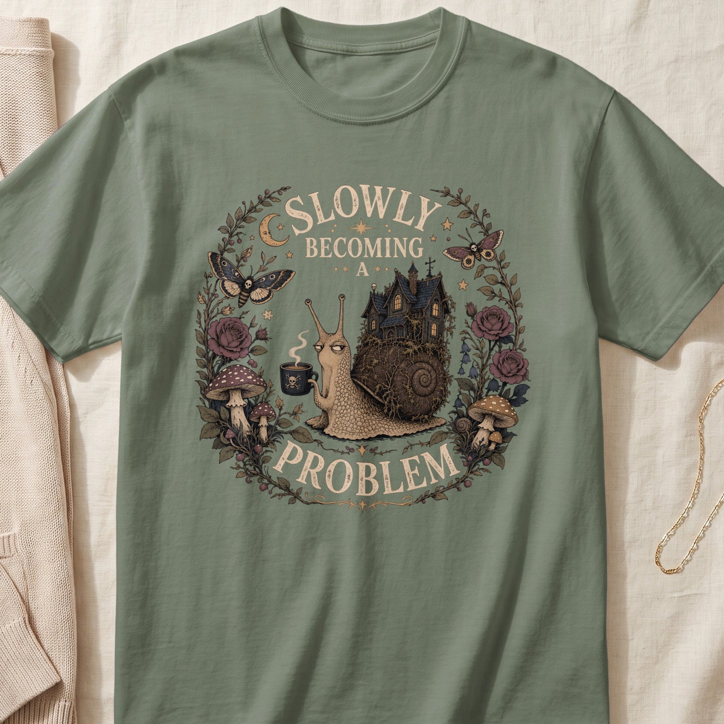 Snail with house on shell holding coffee mug, text "Slowly Becoming A Problem"