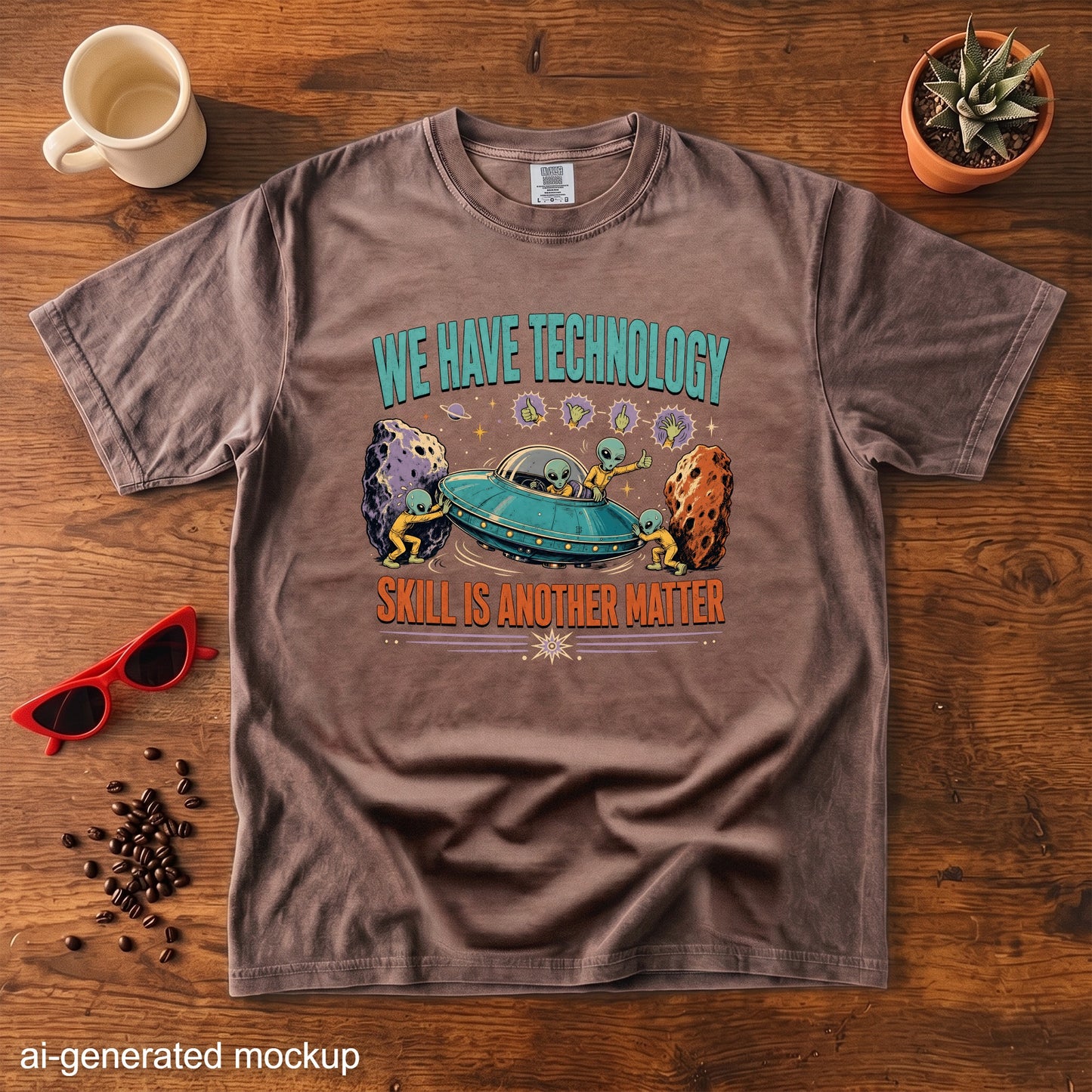 Brown t-shirt with aliens and text "WE HAVE TECHNOLOGY SKILL IS ANOTHER MATTER".