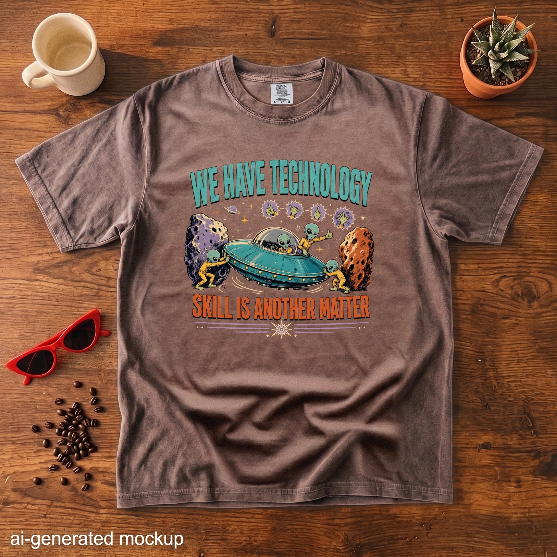 Brown t-shirt with aliens and text "WE HAVE TECHNOLOGY SKILL IS ANOTHER MATTER".