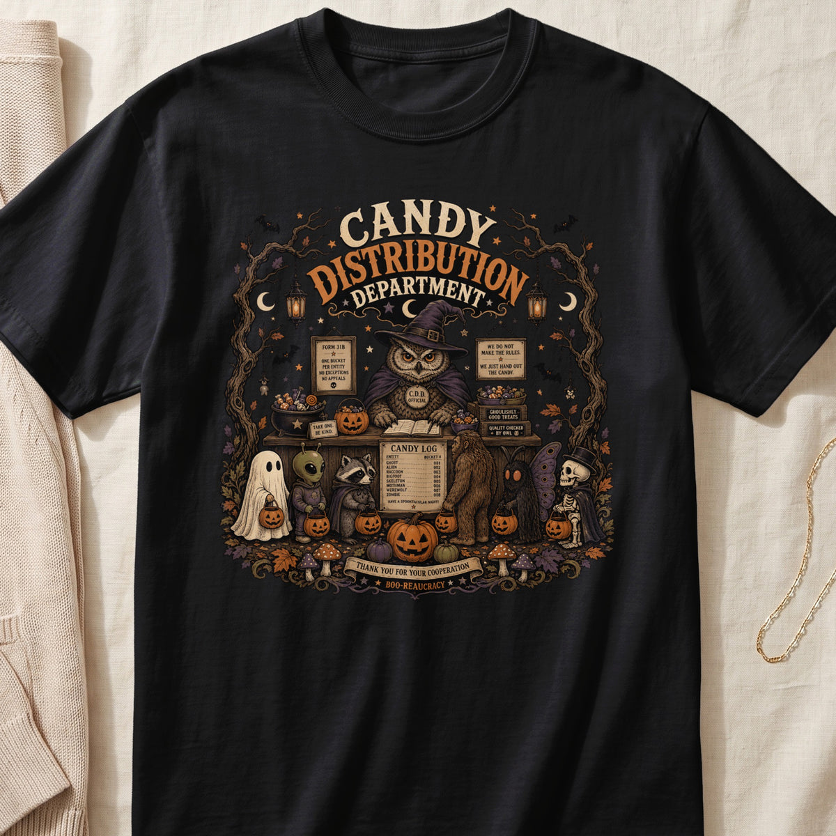 Halloween graphic featuring owl, ghost, alien, raccoon, Bigfoot, moth, skeleton, and text.