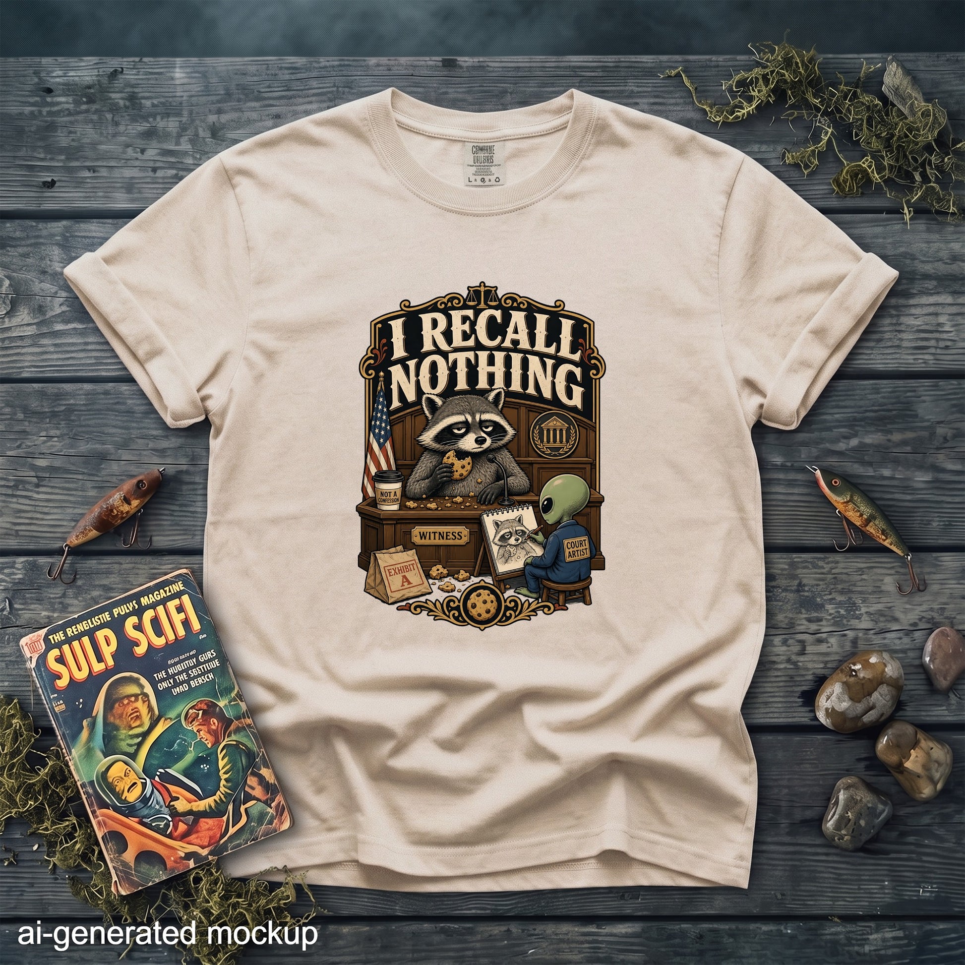 T-shirt with raccoon witness eating cookie and alien court artist saying "I Recall Nothing."