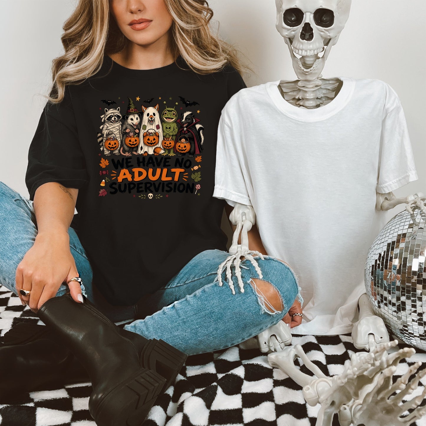 Black t-shirt with Halloween animals and "We Have No Adult Supervision" text.