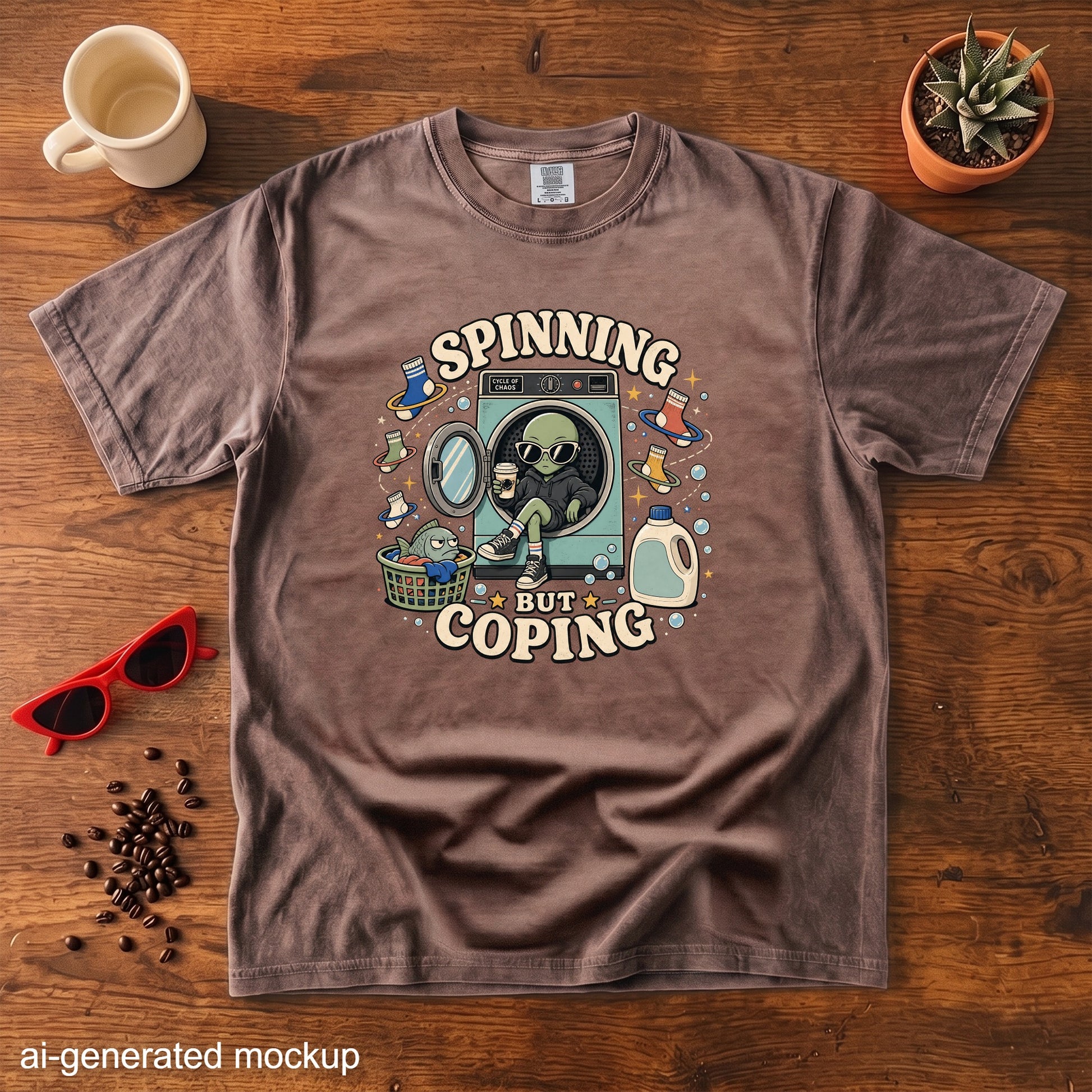 Brown t-shirt with "Spinning but coping" graphic featuring an alien, washing machine, and socks.
