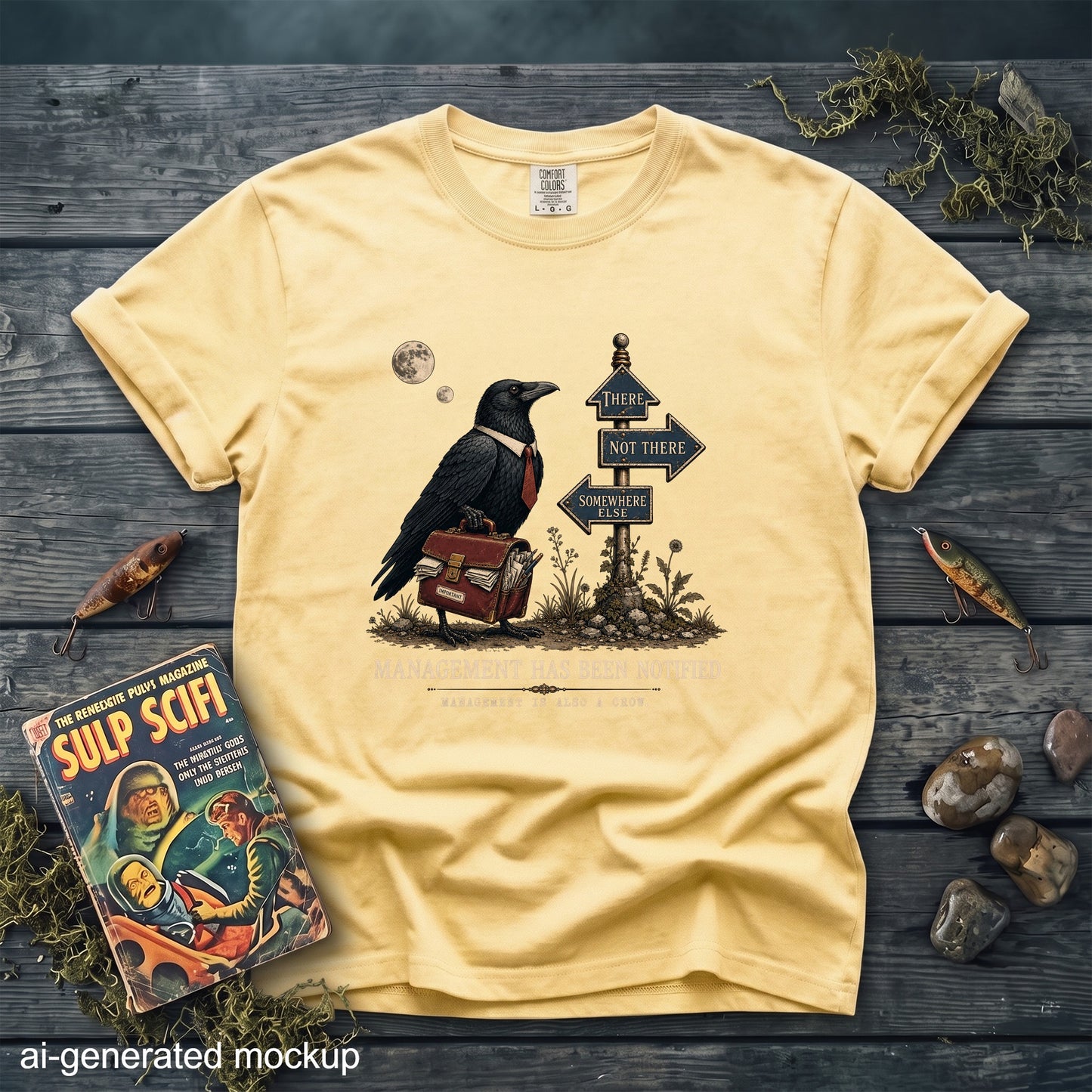 Yellow t-shirt graphic features crow at a crossroads sign: "There, Not There, Somewhere Else."