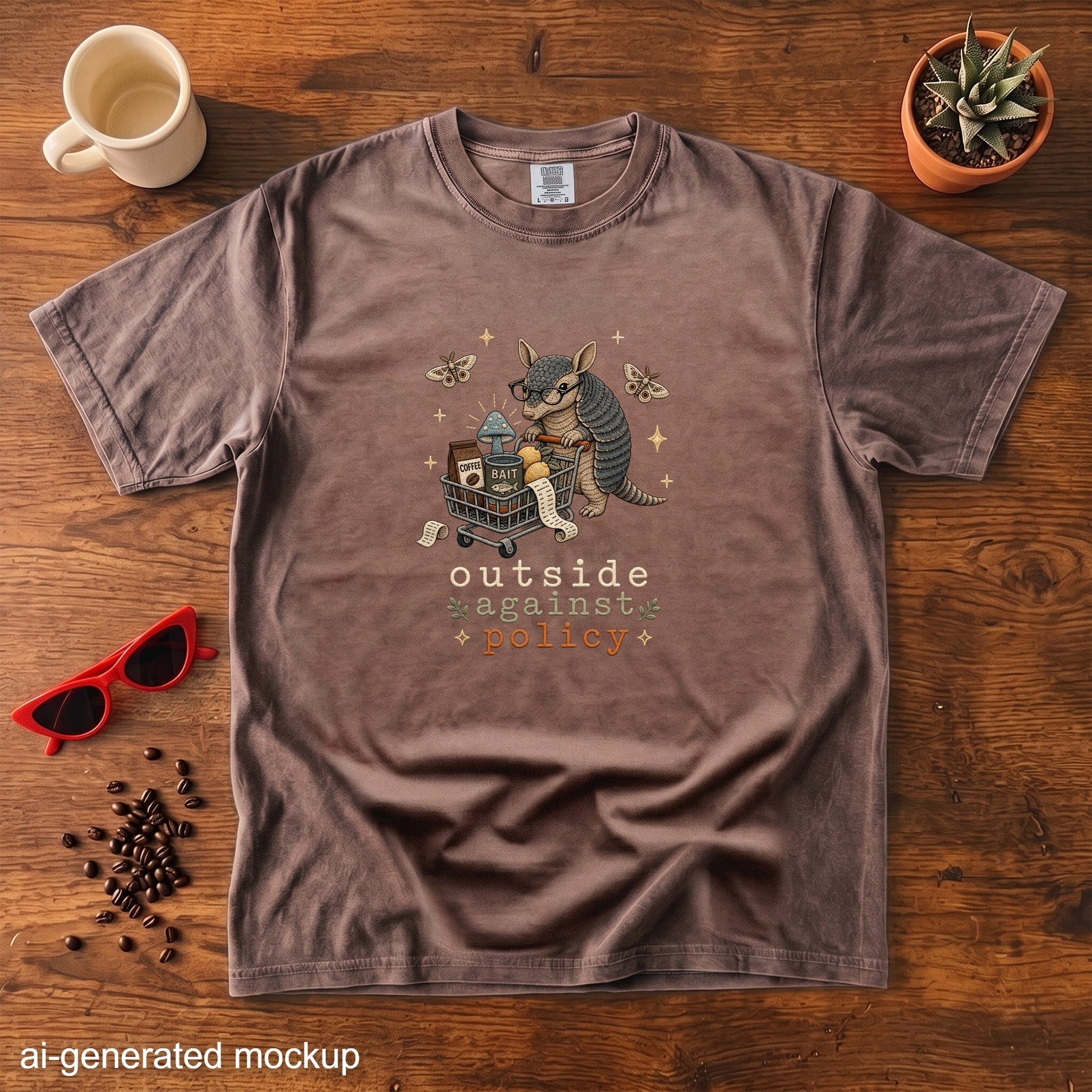 Brown t-shirt with an armadillo pushing a shopping cart, text reads "outside against policy".