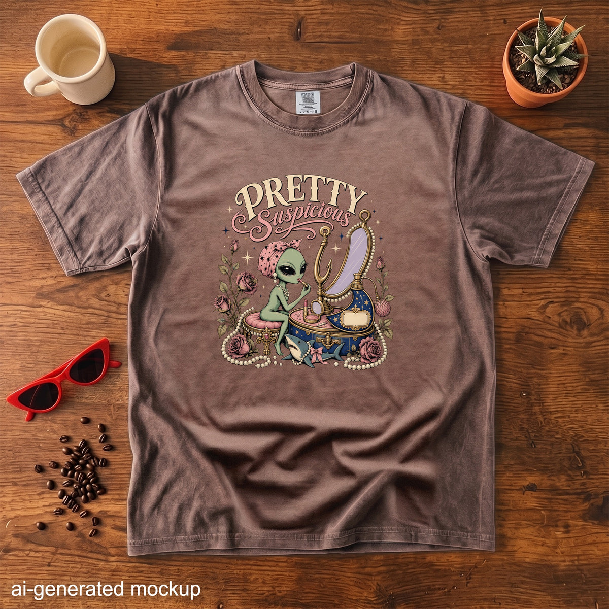 Brown t-shirt featuring an alien applying lipstick with "PRETTY Suspicious" text.