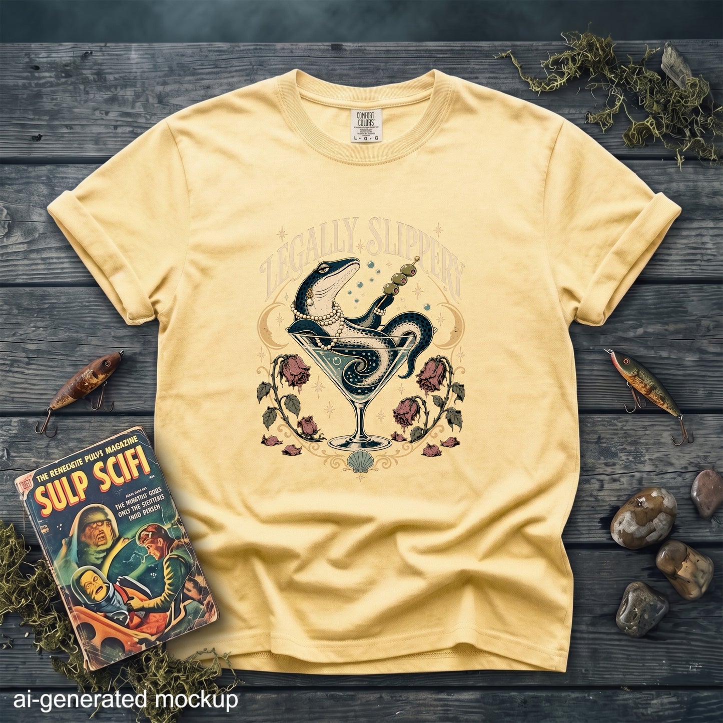 Yellow t-shirt with "LEGALLY SLIPPERY" graphic of a snake in a martini glass.