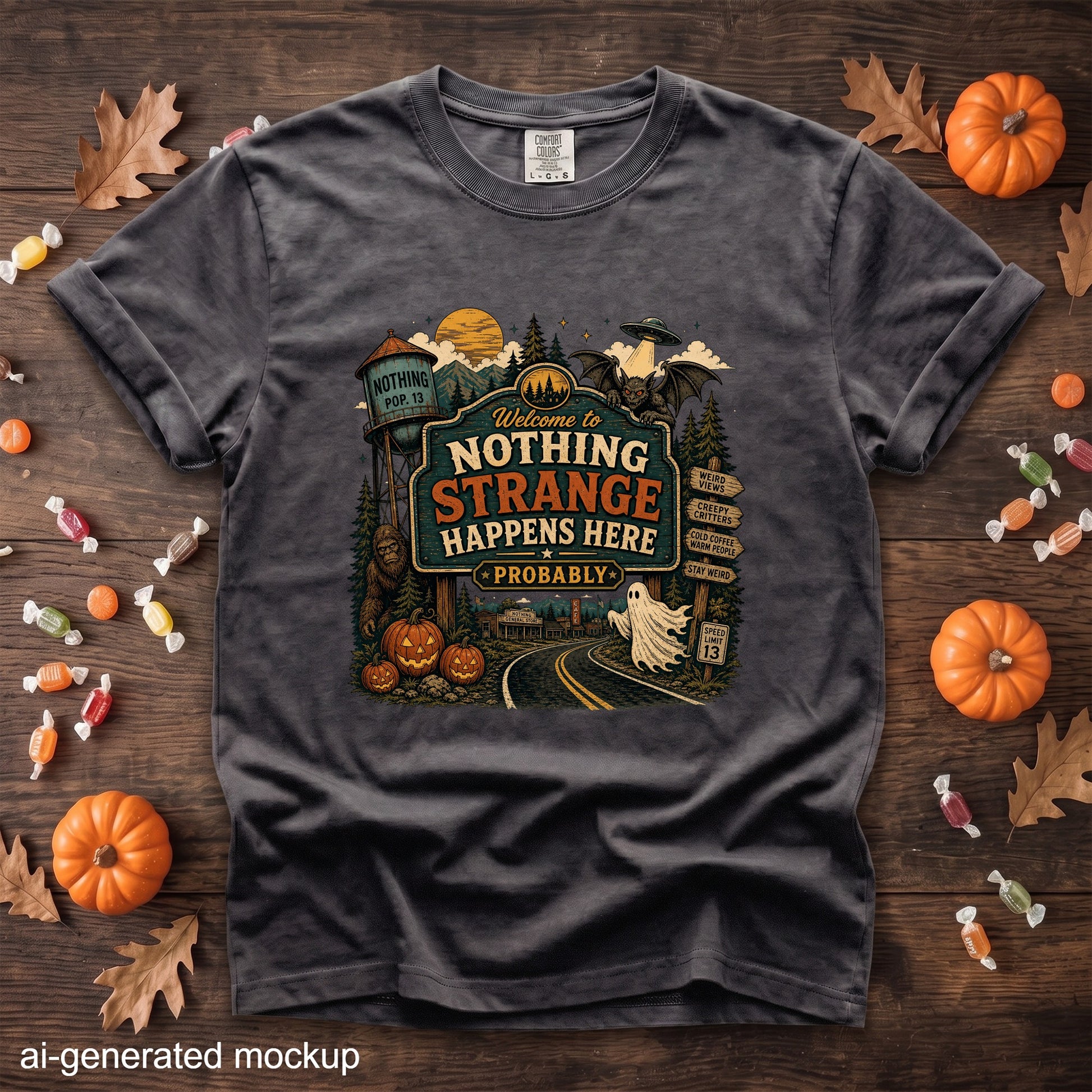 Dark gray t-shirt with "Welcome to Nothing Strange Happens Here Probably" graphic.