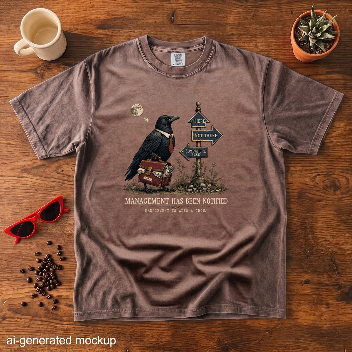 Brown t-shirt with crow graphic pointing to signs: "There," "Not There," and "Somewhere Else."