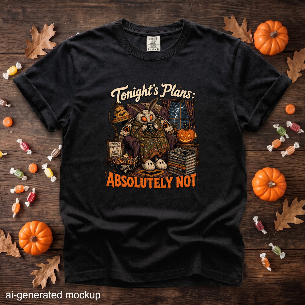 Moth graphic on black t-shirt with text "Tonight's Plans: Absolutely Not".