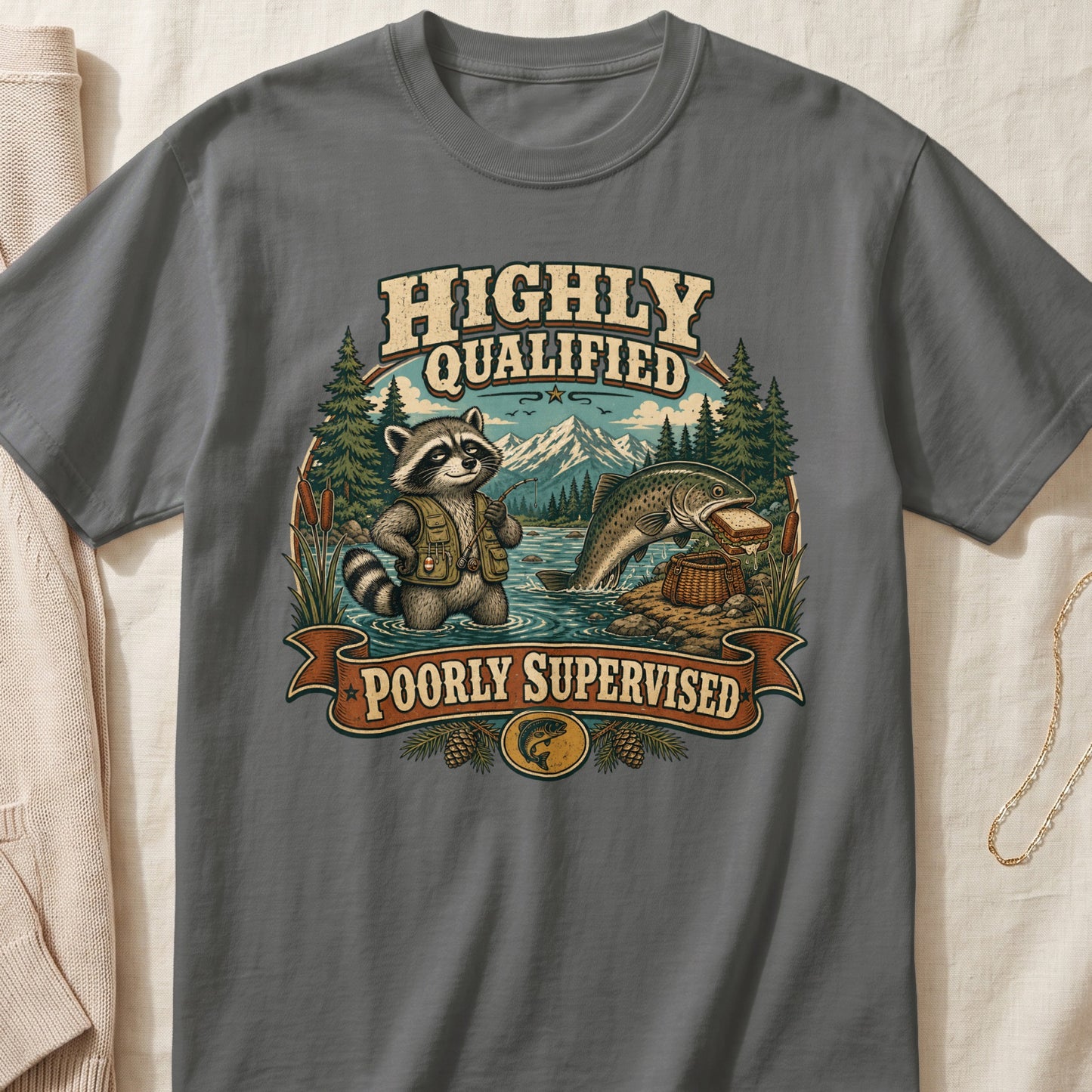 Raccoon fishing with a large trout holding a sandwich, with text "Highly Qualified Poorly Supervised".