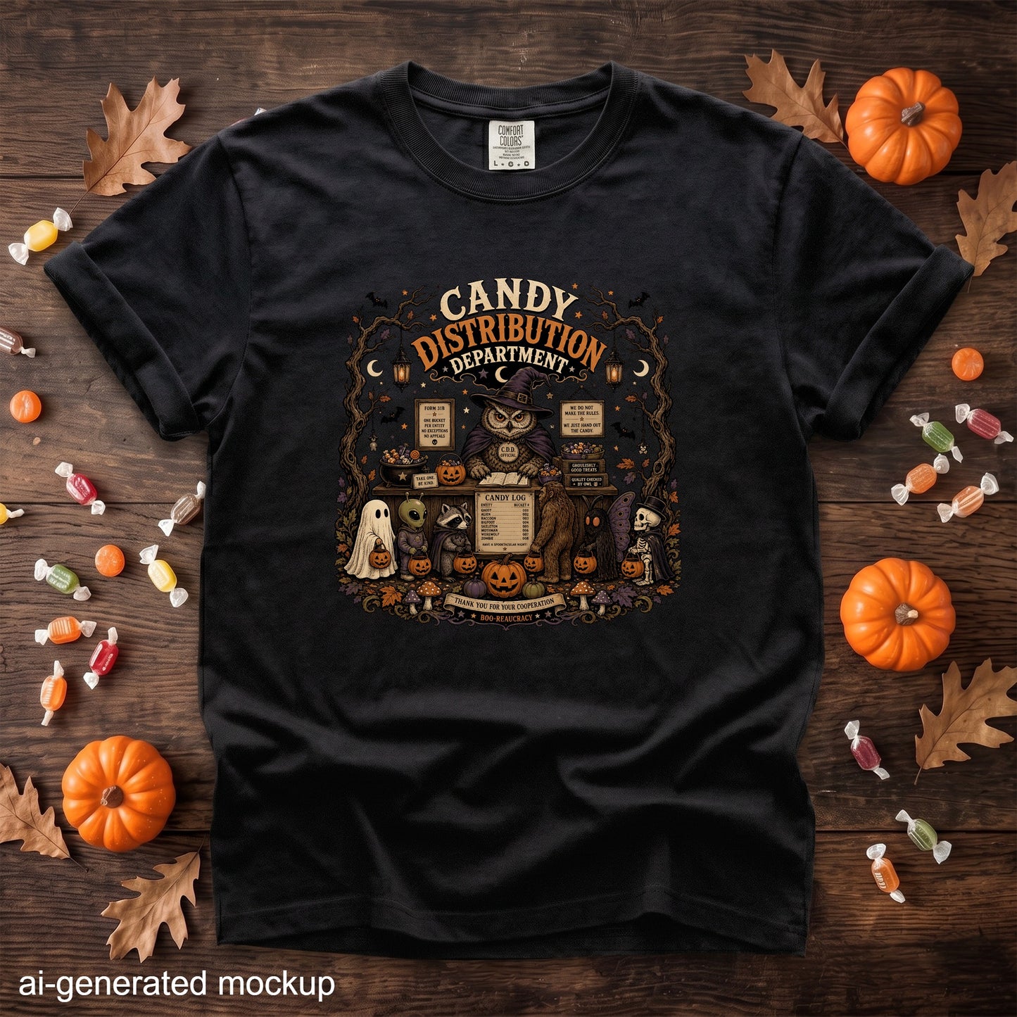 Black t-shirt with Halloween-themed "Candy Distribution Department" graphic featuring an owl and various creatures.