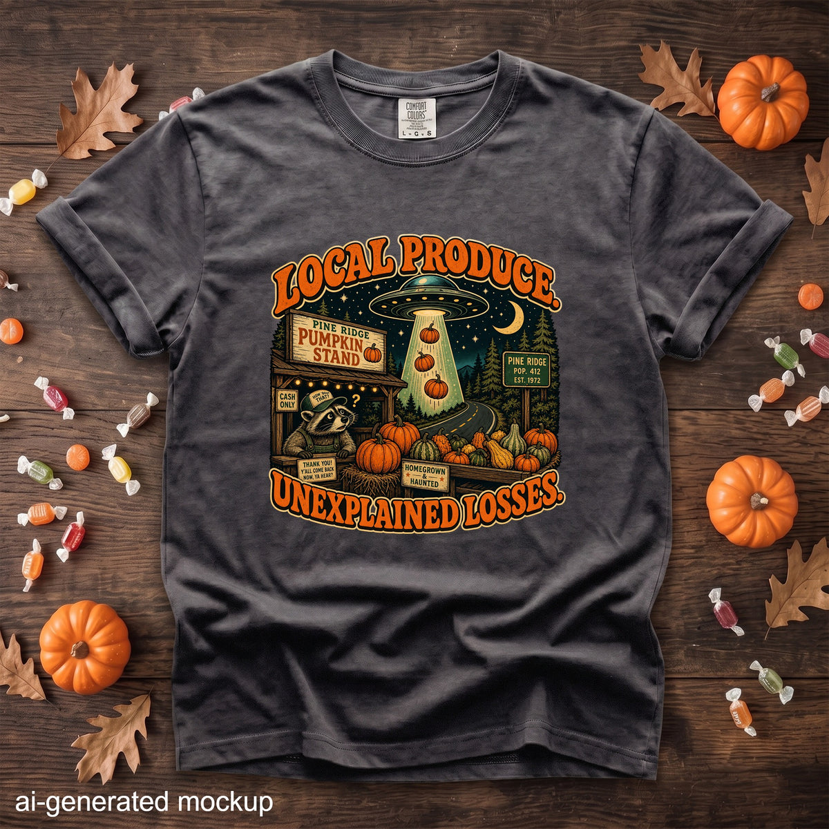 Dark gray t-shirt with "Local Produce Unexplained Losses" graphic and a raccoon at a pumpkin stand.