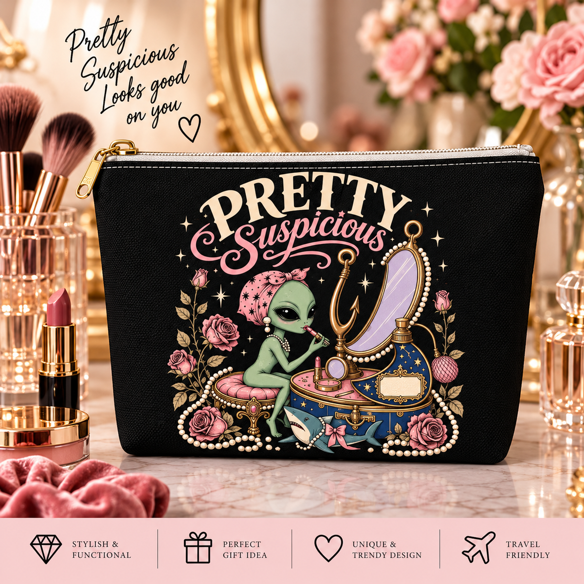 Pretty Suspicious Personalized Makeup Bag – Funny Alien Cosmetic Pouch, Custom Name Gift