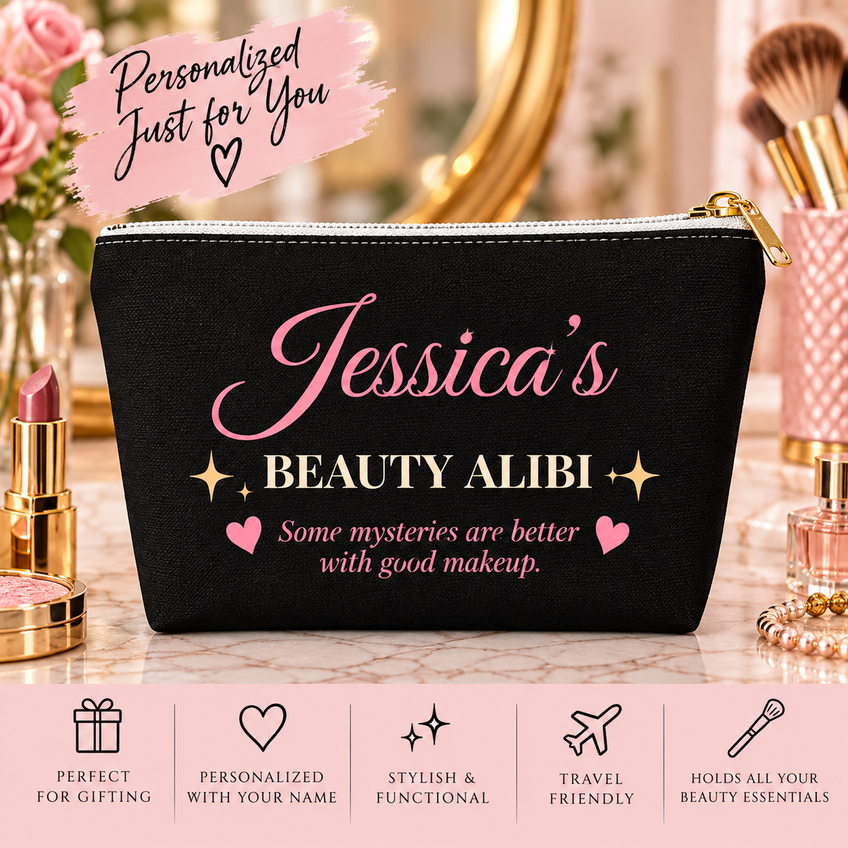 Pretty Suspicious Personalized Makeup Bag – Funny Alien Cosmetic Pouch, Custom Name Gift