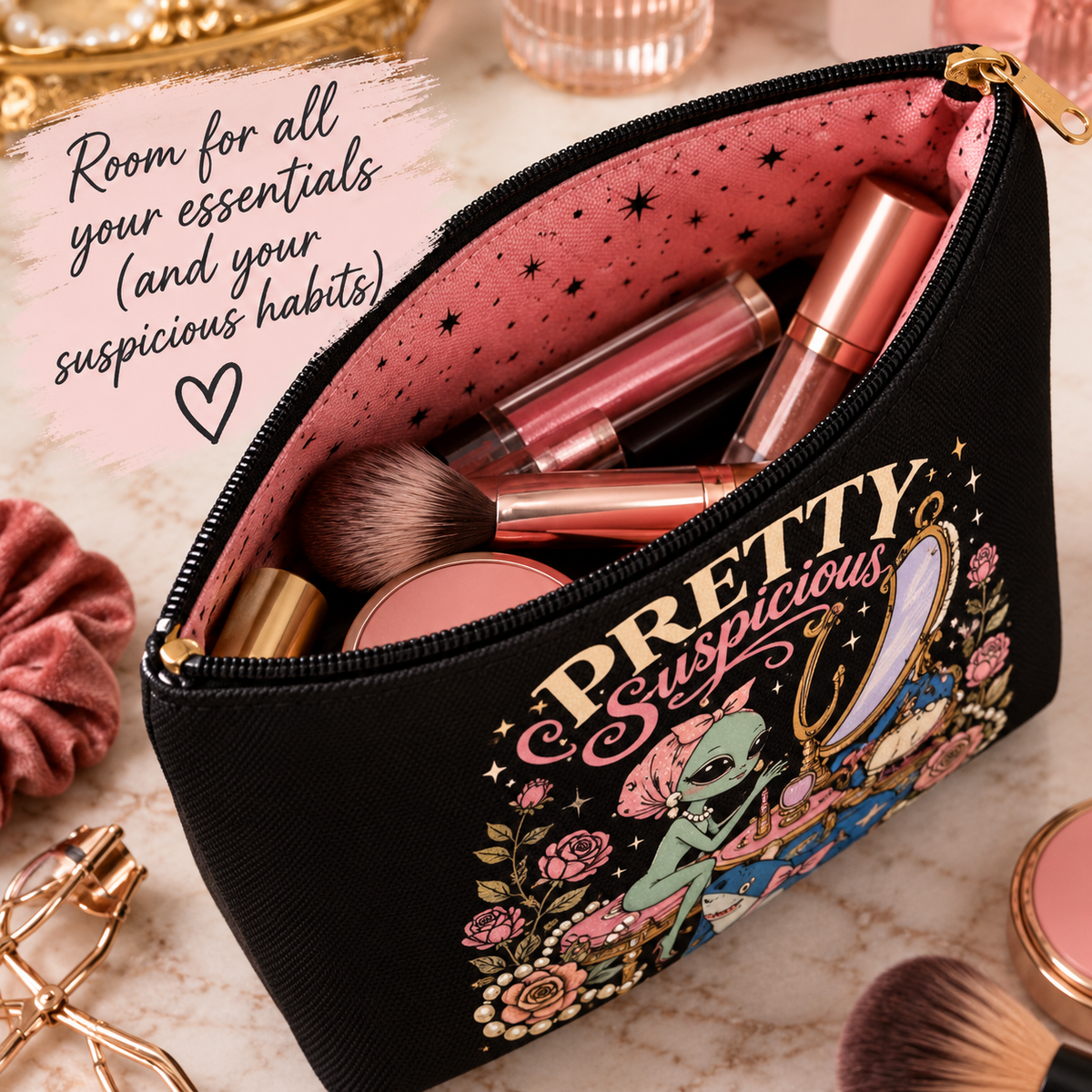 Pretty Suspicious Personalized Makeup Bag – Funny Alien Cosmetic Pouch, Custom Name Gift