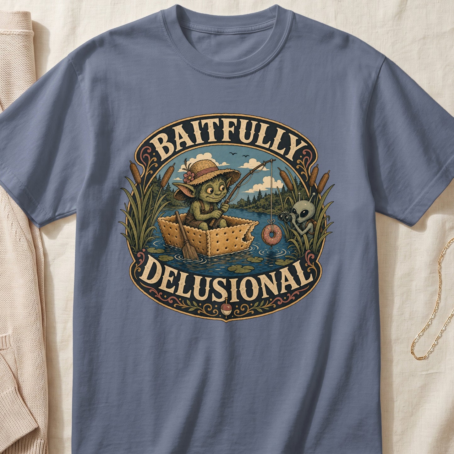 Goblin fishing from a cracker boat with an alien observing, text "Baitfully Delusional".