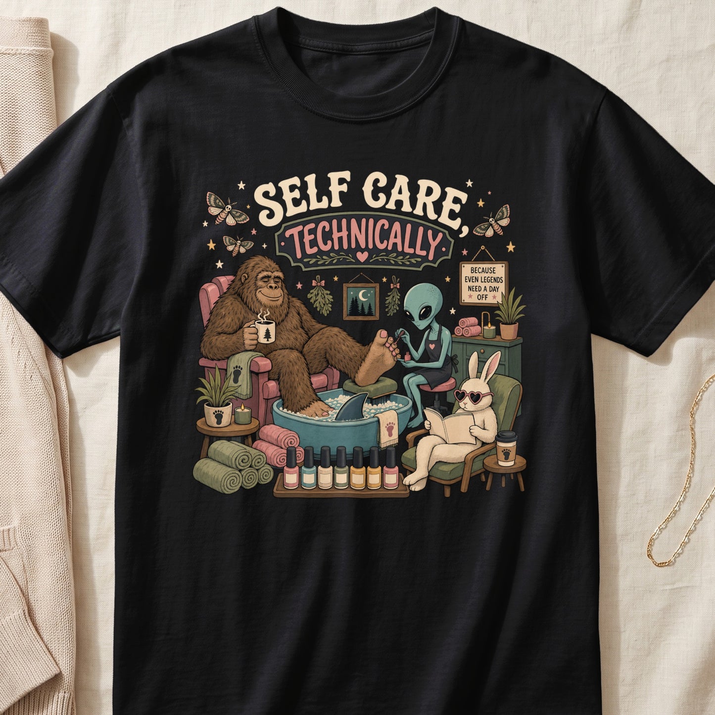 Black t-shirt with Bigfoot, alien, and rabbit getting spa treatments, says "Self Care Technically".