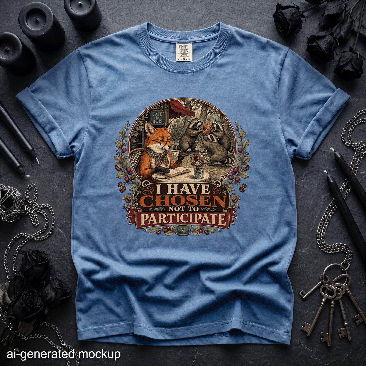 Blue t-shirt with a circular graphic of a fox at a cafe and raccoons, text reads "I HAVE CHOSEN NOT TO PARTICIPATE".