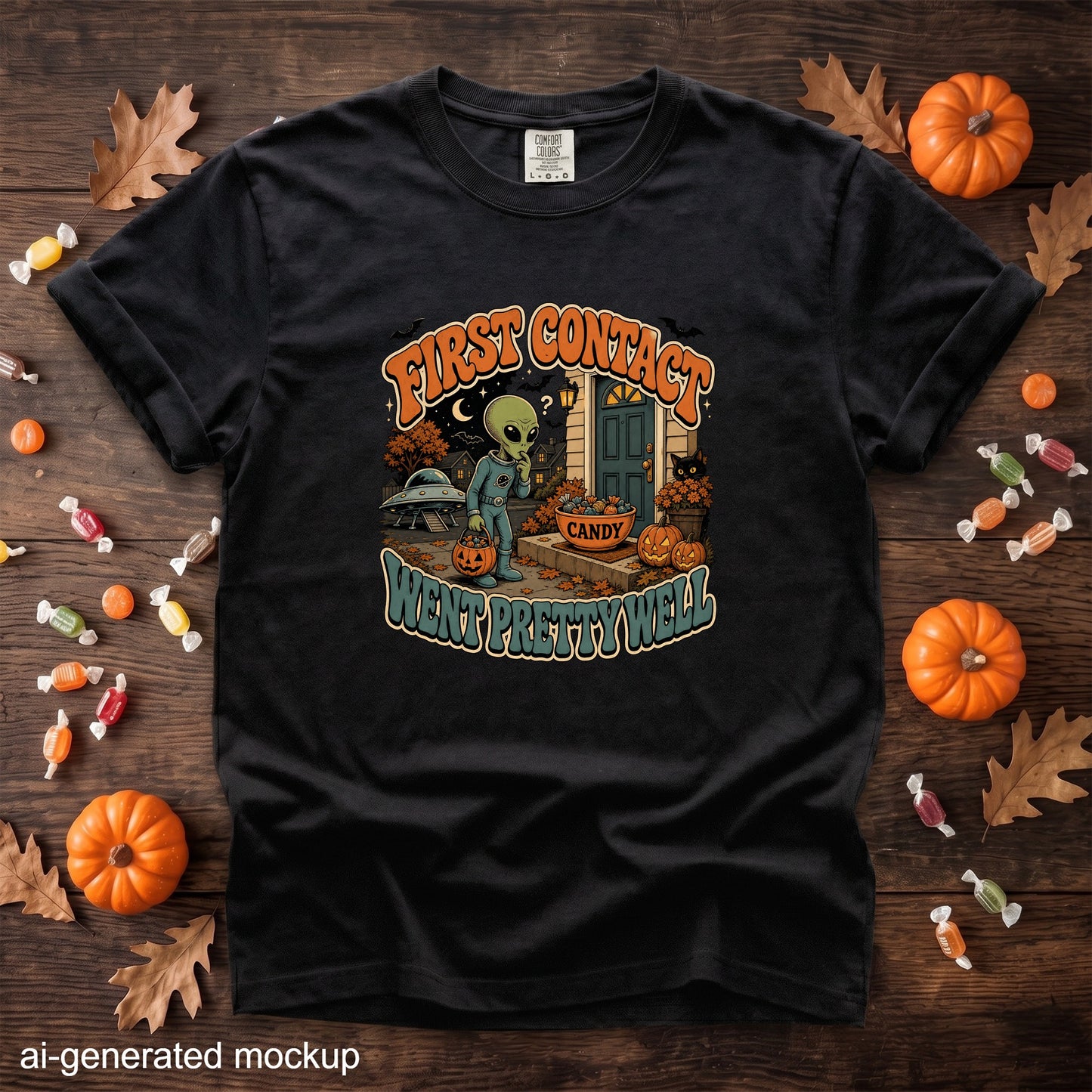 Black t-shirt with "First Contact Went Pretty Well" alien Halloween graphic.
