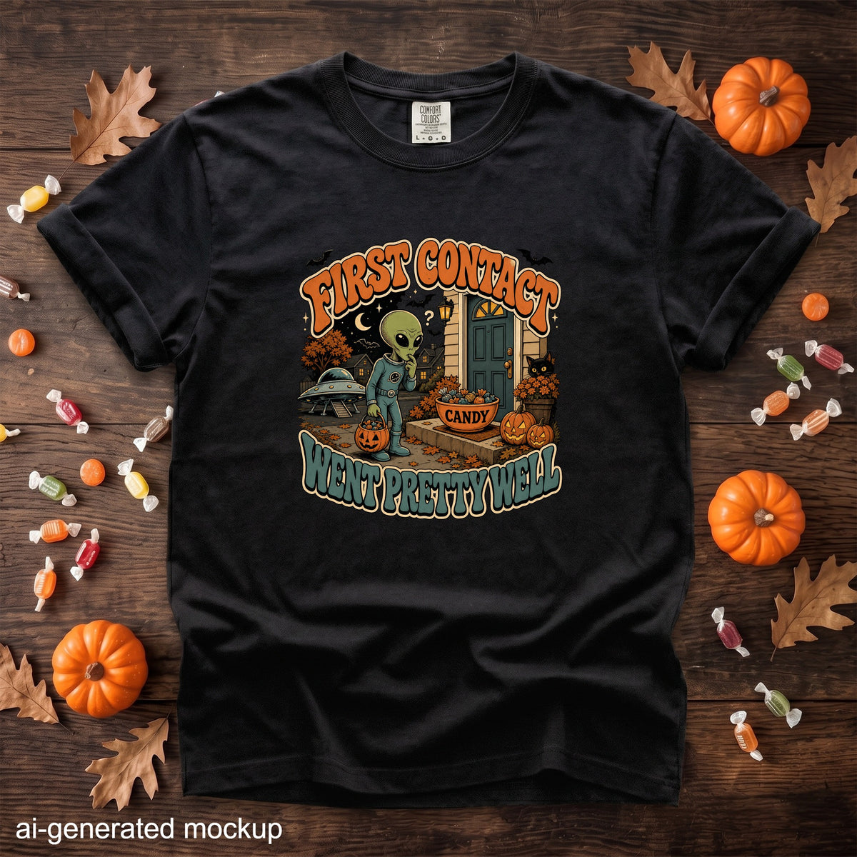 Black t-shirt with "First Contact Went Pretty Well" alien Halloween graphic.