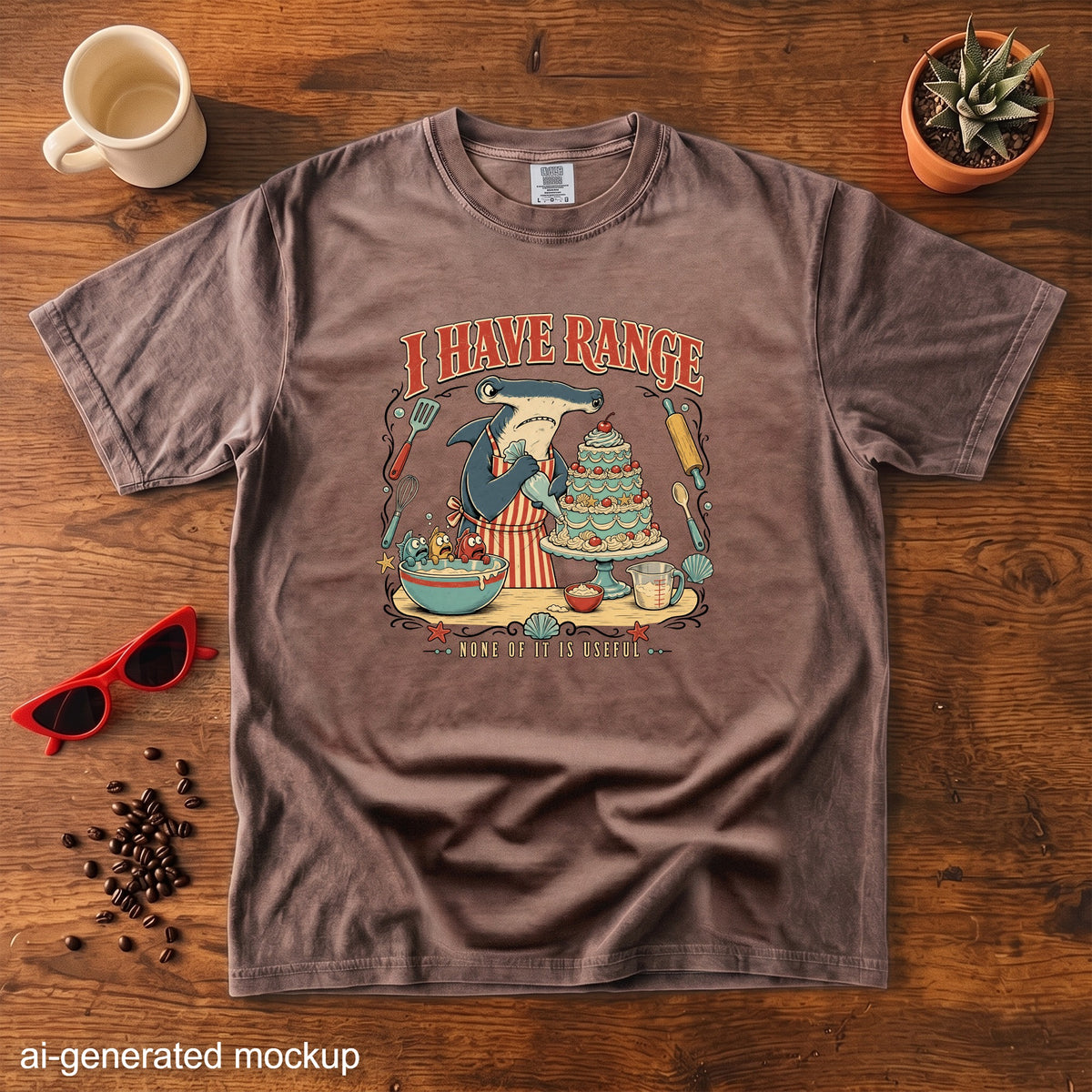 T-shirt with hammerhead shark baking a cake, text "I HAVE RANGE" and "NONE OF IT IS USEFUL".
