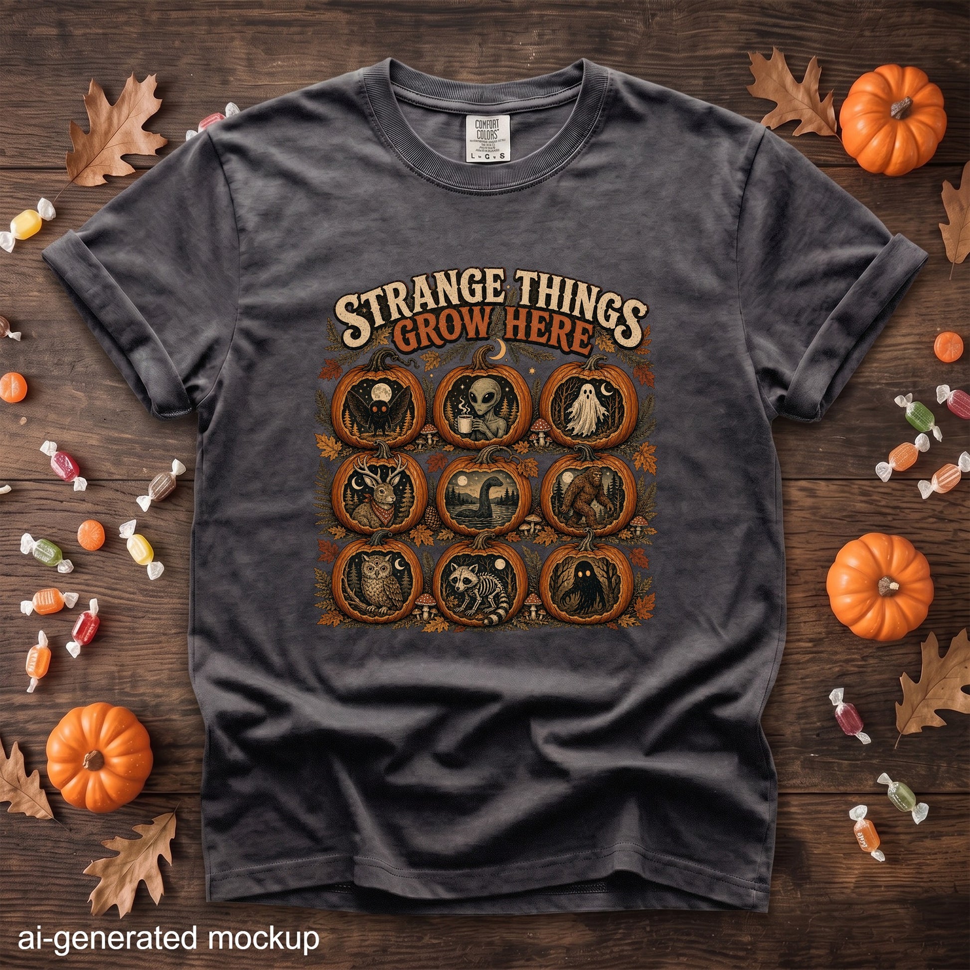 Dark grey t-shirt with "Strange Things Grow Here" text and nine pumpkin designs.